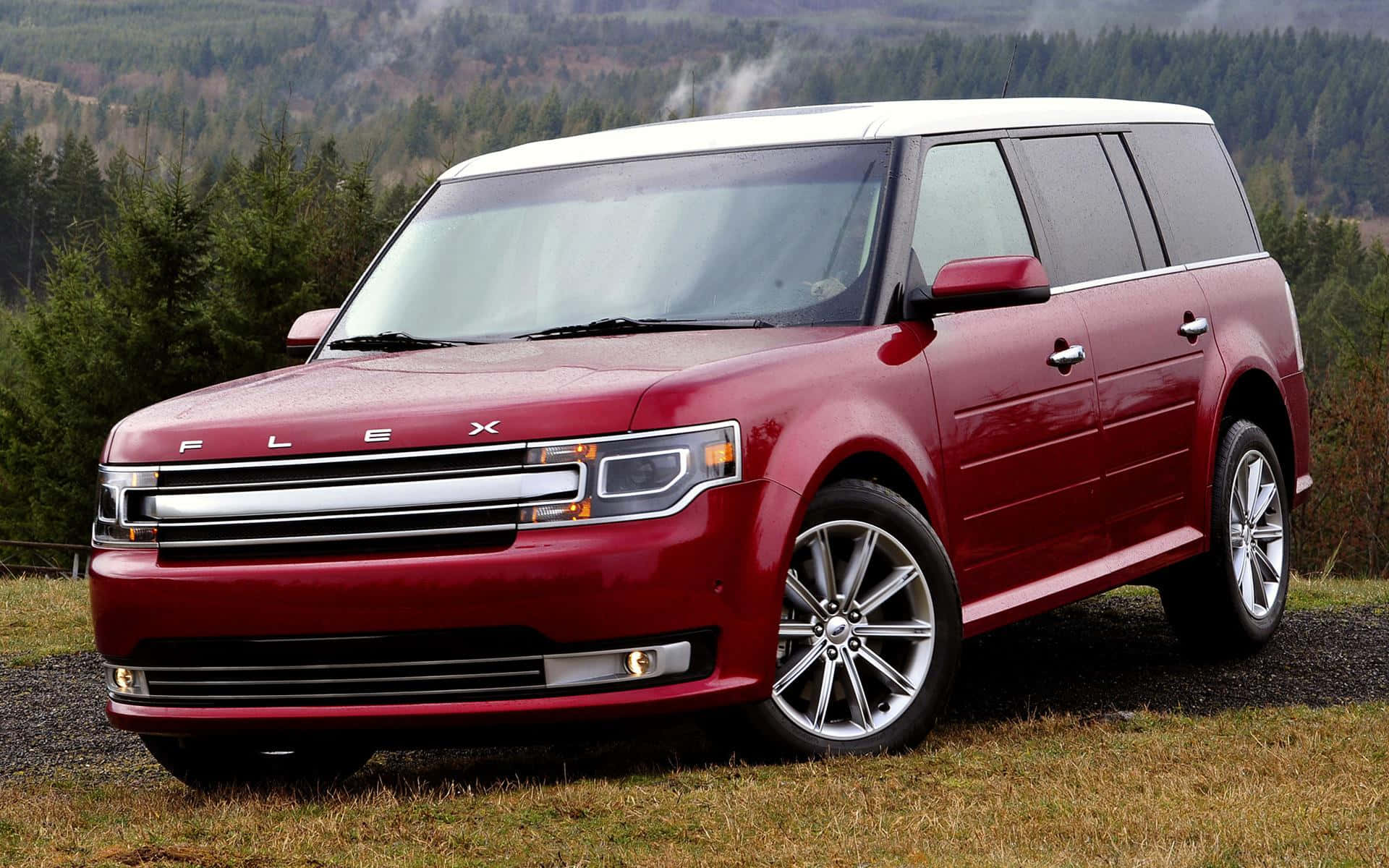 Ford Flex 桌布 壁紙 — 一輛亮紅色的福特Flex SUV停在草地上，背景是森林覆蓋的山丘。