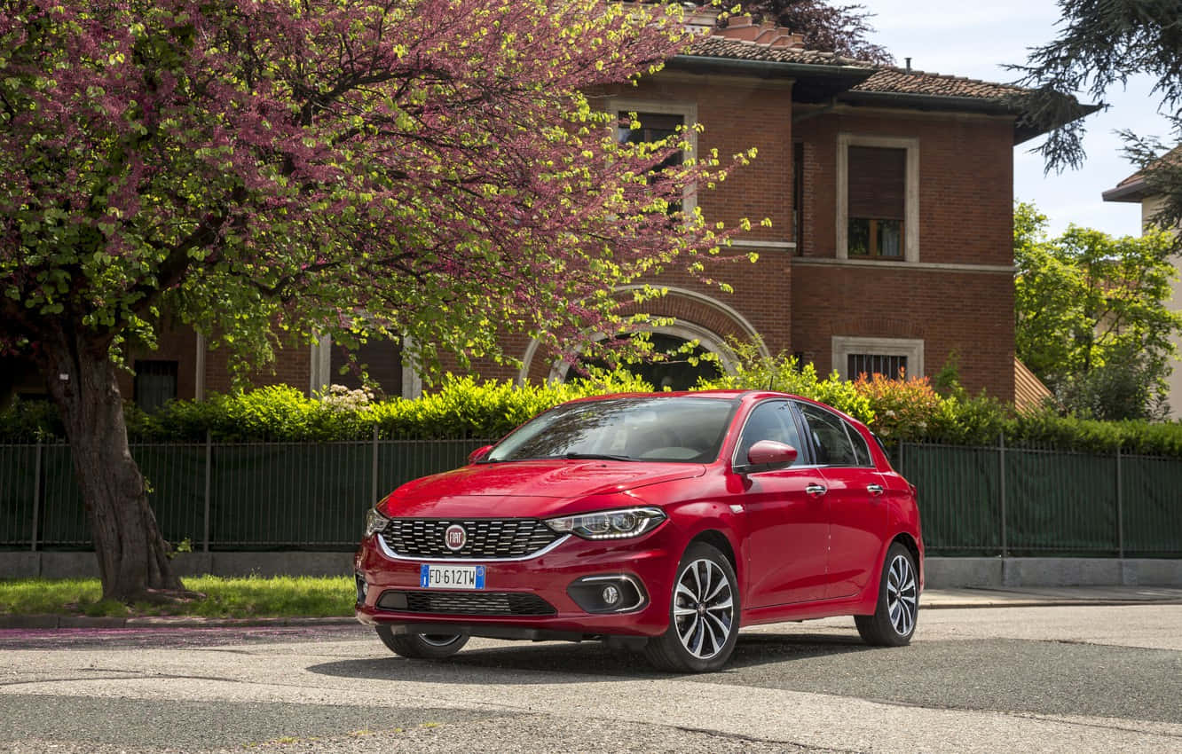 Fiat Tipo 桌布 壁紙 — 一輛亮紅色的菲亞特Punto停在一條寧靜的街道上，旁邊是磚房，上方是盛開的粉紅色櫻花樹。