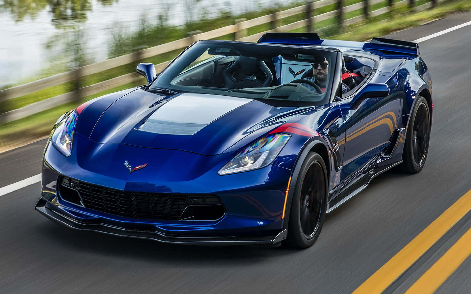 Chevrolet Corvette Grand Sport 桌布 壁紙 — 一輛亮藍色開篷跑車在陽光明媚的道路上疾馳，背景是模糊的綠植和水面。