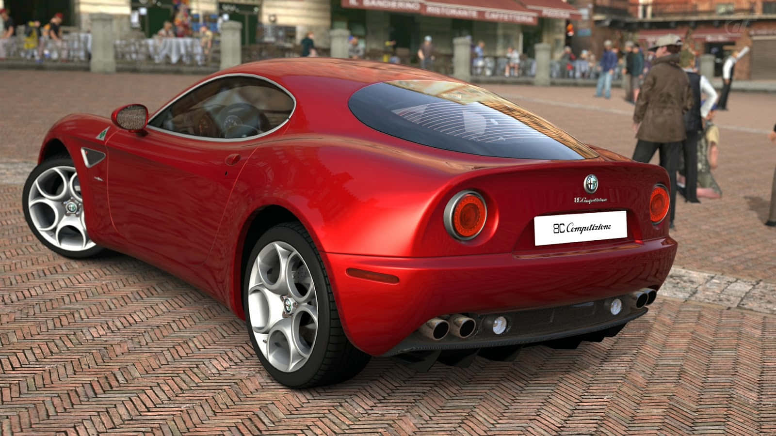 Alfa Romeo 8c Competizione 桌布 壁紙 — 一輛亮面紅色Alfa Romeo 8C Competizione跑車停泊在磚砌廣場上，背景有人群。