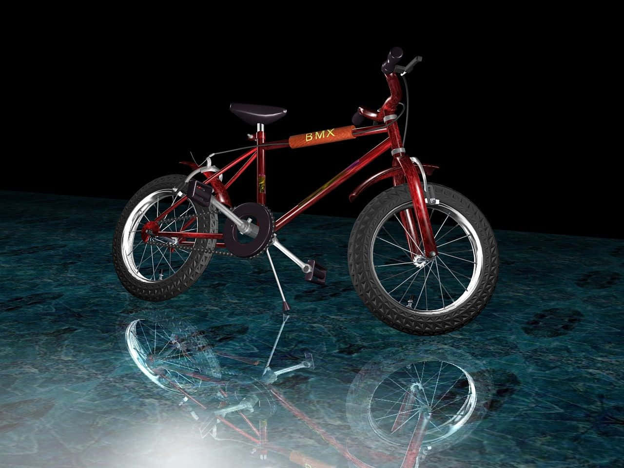 3d Sports 桌布 壁紙 — 一輛亮面紅色BMX單車立於反光青綠色表面上，背景為黑色虛空，下方映出倒影。