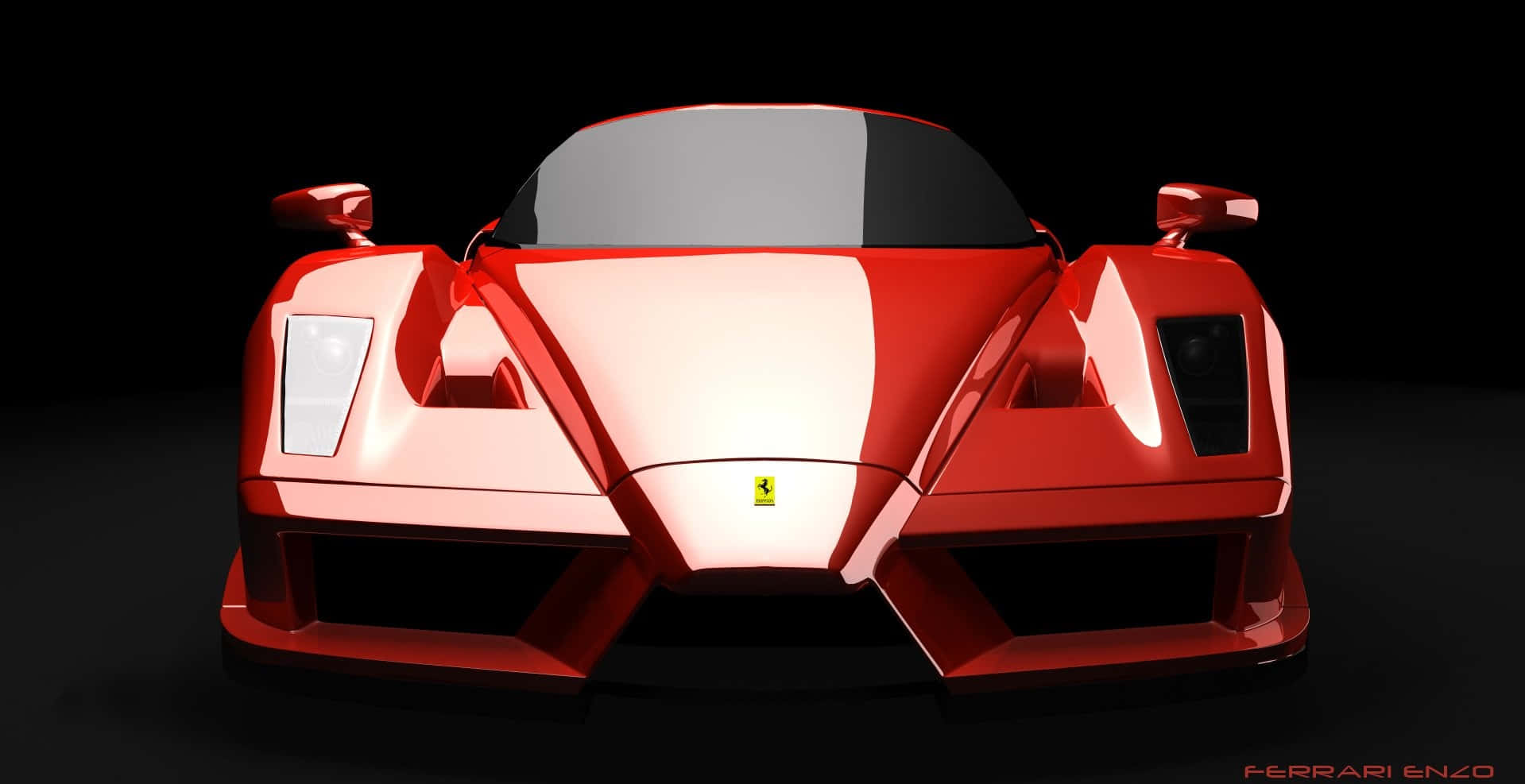 Ferrari Enzo 桌布 壁紙 — 一輛亮面紅色法拉利Enzo跑車正面視圖，背景為黑色，帶有戲劇性燈光。