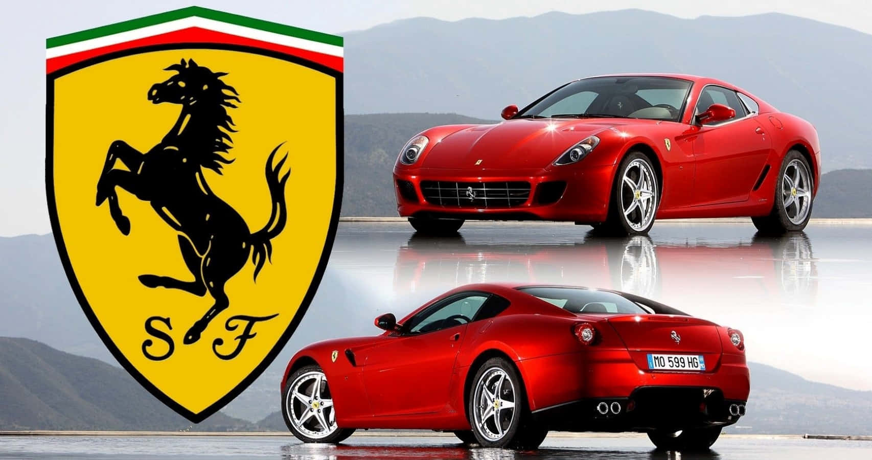 Ferrari 599 Gtb Fiorano 桌布 壁紙 — 一輛亮面紅色法拉利跑車以山景為背景，從前後角度展示，帶有標誌性的躍馬標誌。