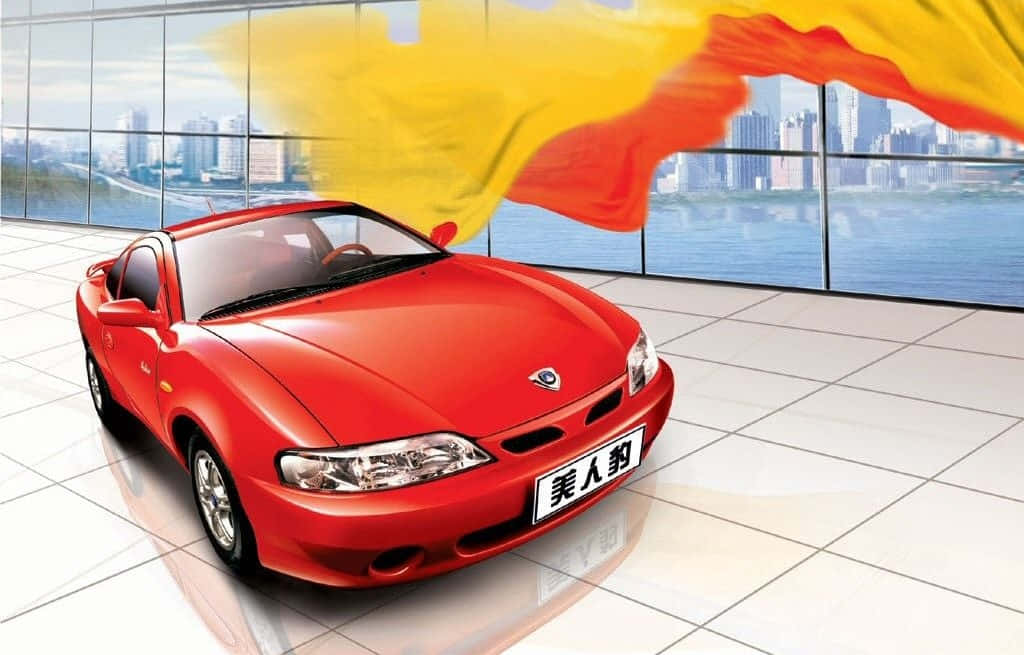 Geely 桌布 壁紙 — 一輛亮麗的紅色跑車，飄揚著黃色和橙色的旗幟，停放在一個可欣賞城市景觀的現代化展廳中。