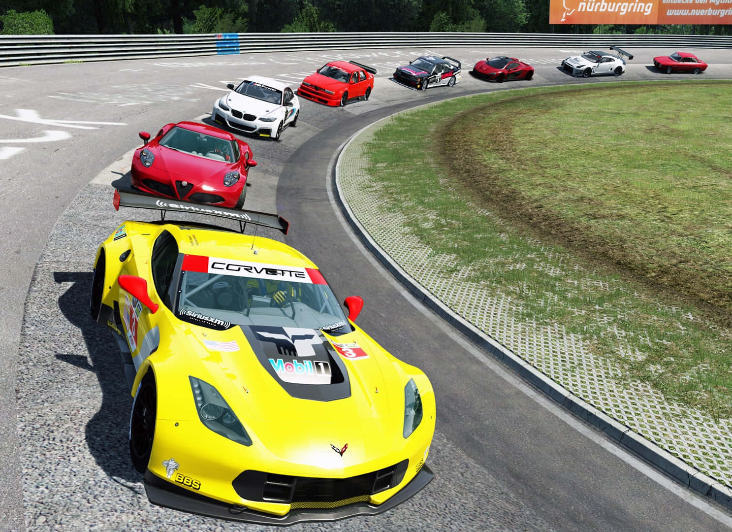 Car Racing 桌布 壁紙 — 一輛亮黃色的Corvette賽車帶領著一群高性能跑車，在陽光明媚的紐柏林賽道彎道上馳騁。