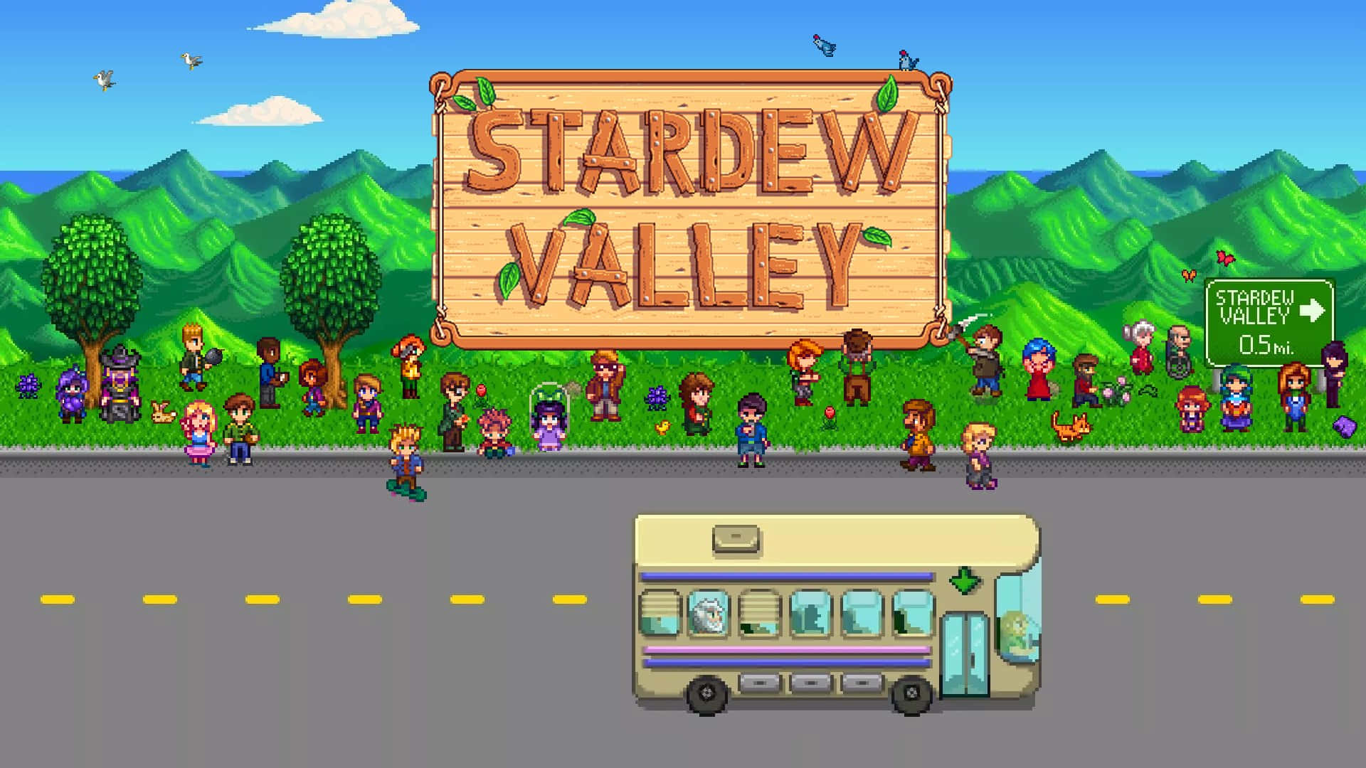 像素藝術巴士抵達 Stardew Valley 標牌，附近有村民聚集。