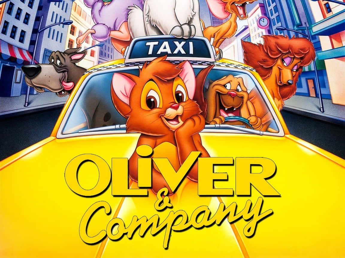 oliver and company 桌布 壁紙 — 一輛充滿卡通動物朋友的鮮黃色計程車在繁華的城市街道上飛馳。