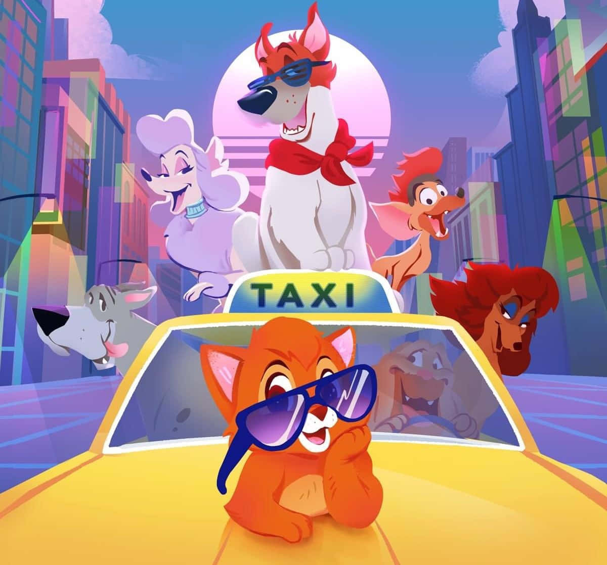 oliver and company 桌布 壁紙 — 一輛充滿活力的卡通黃的士，載滿時尚的擬人化動物，在黃昏時分穿梭於霓虹閃爍的城市景觀中。