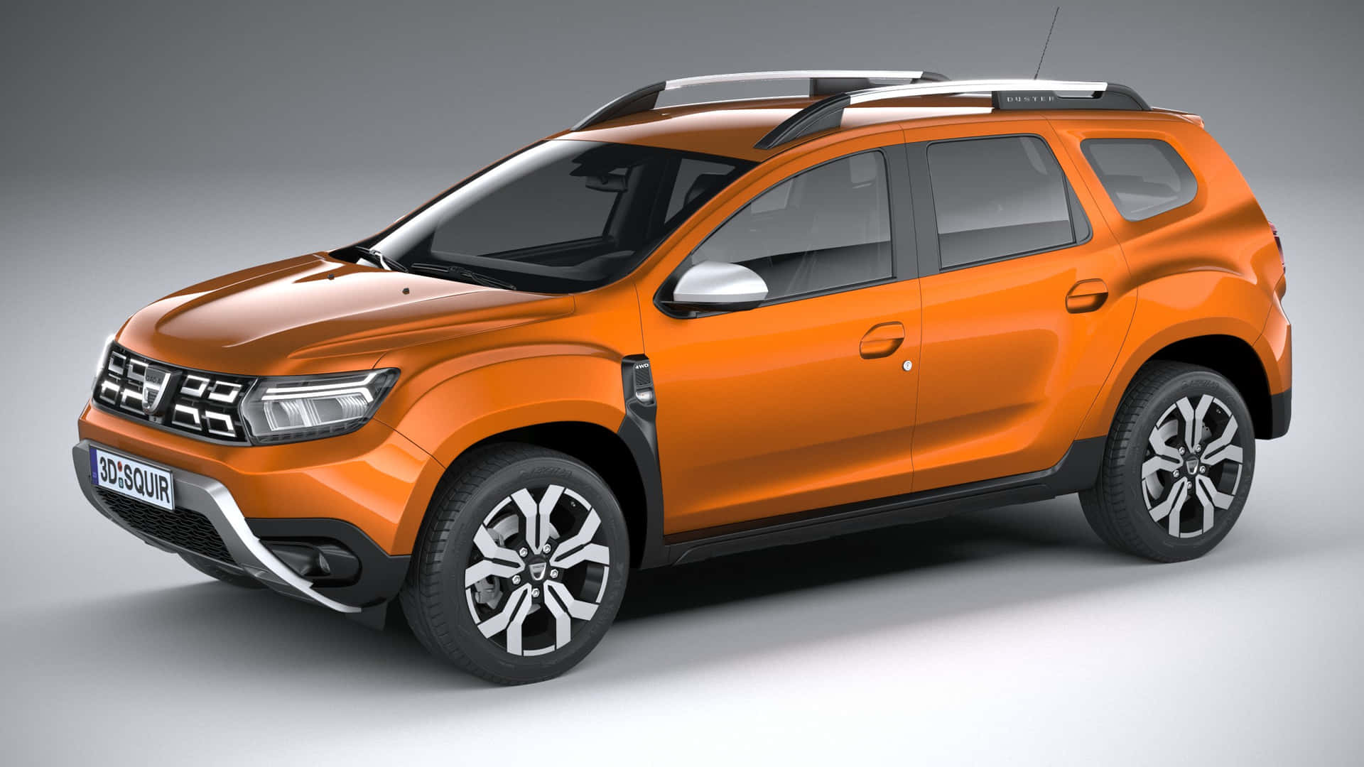 Dacia 桌布 壁紙 — 一輛充滿活力的橙色Dacia Duster SUV，配備黑色飾條和銀色車頂行李架，在柔和光線的攝影棚中展示。