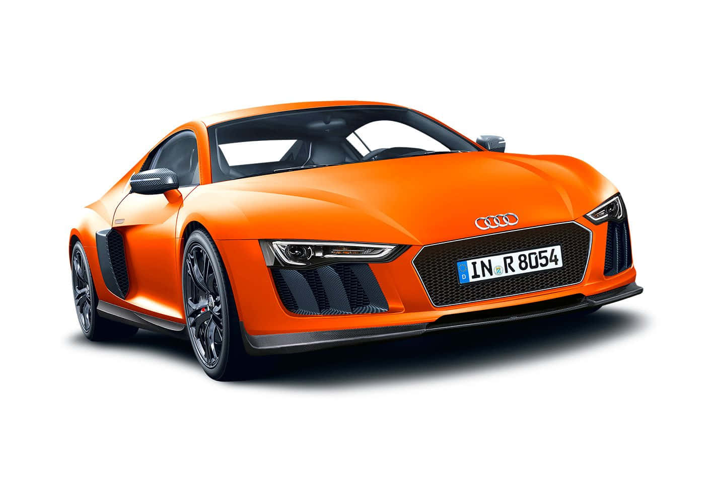 Car Model 桌布 壁紙 — 一輛充滿活力的橙色奧迪R8跑車，帶有黑色飾邊和時尚的空氣動力學設計，在純白背景下拍攝。