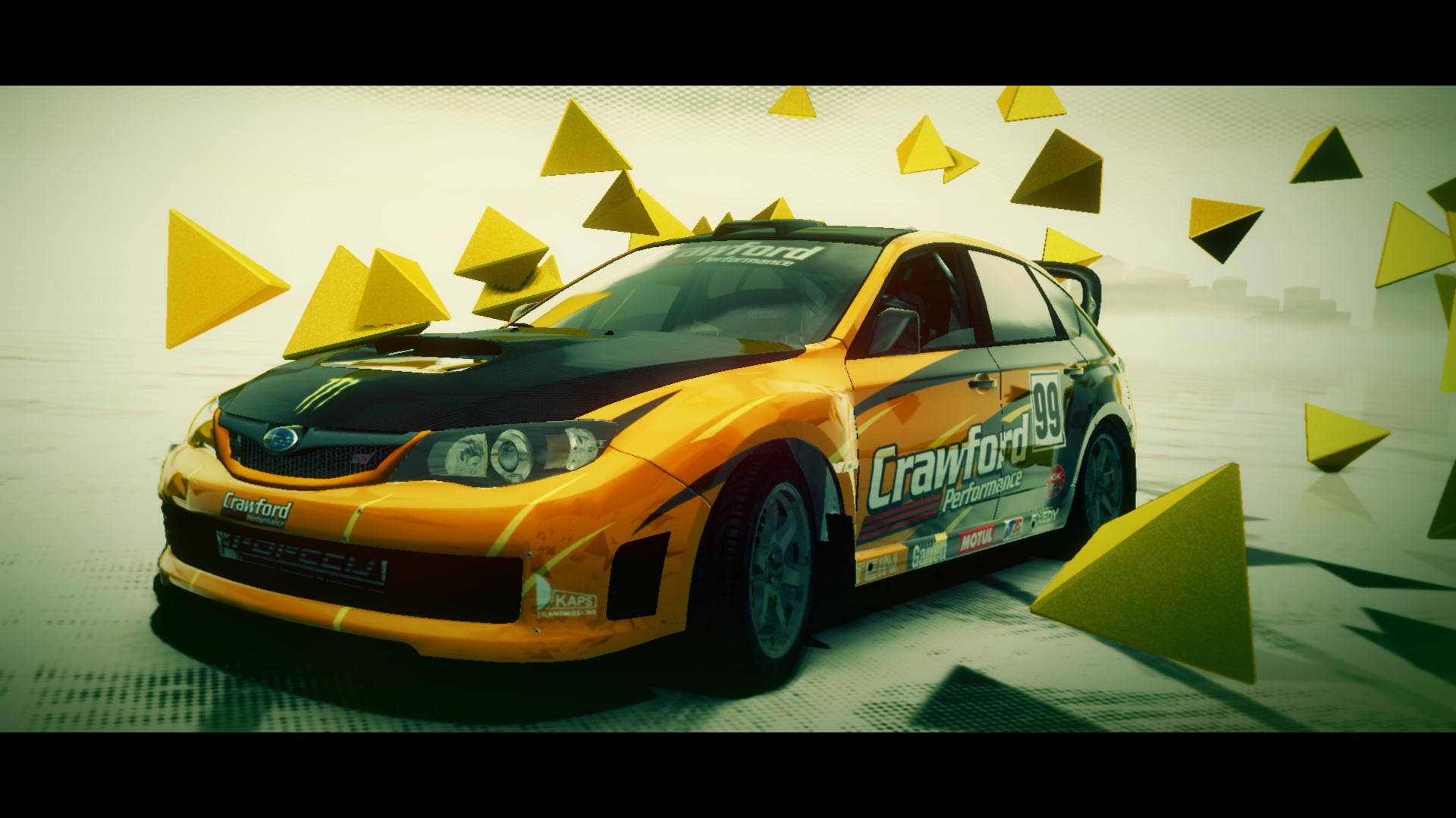 Dirt 3 Subaru Crawford 壁紙 — 一輛充滿活力的橙色拉力賽車，帶有 'Crawford 99' 塗裝，在霧濛濛的賽道上於漂浮的黃色三角形之間飄移。