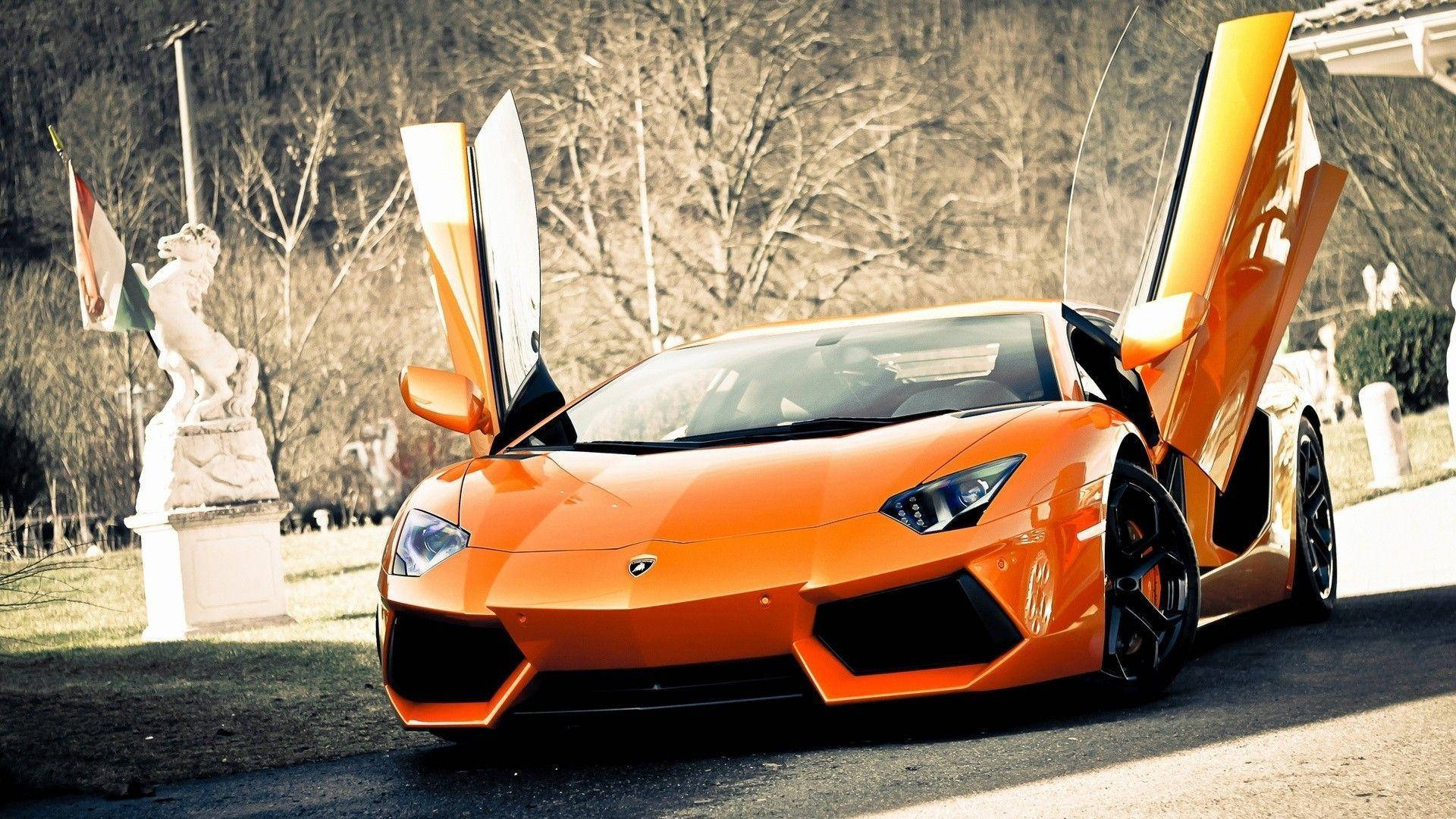 Sports Car 桌布 壁紙 — 一輛充滿活力的橙色林寶堅尼Aventador，車門向上打開，停在一個無葉公園內的石像旁邊的瀝青路上。