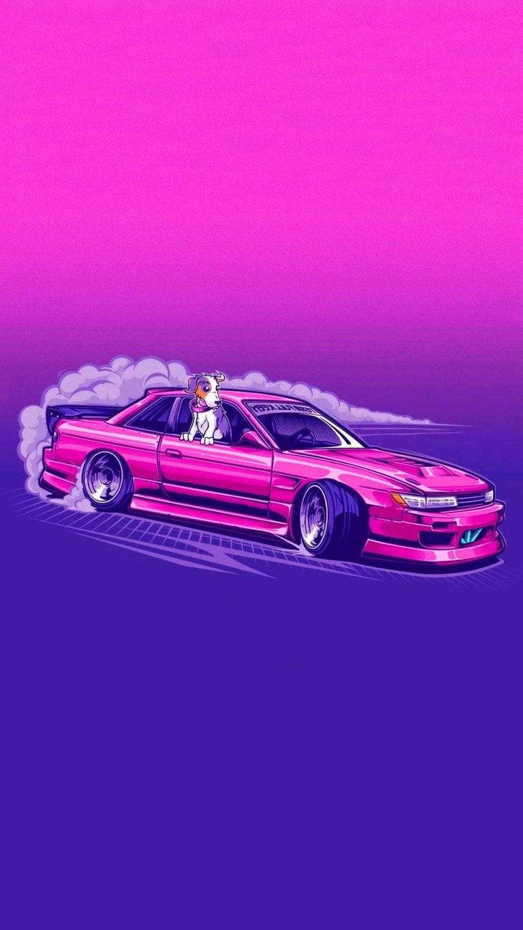 Jdm 美學 桌布 壁紙 — 一輛充滿活力的粉紅色跑車在煙霧中飄移，一隻白色貓司機在漸變紫色天空下緊握方向盤。