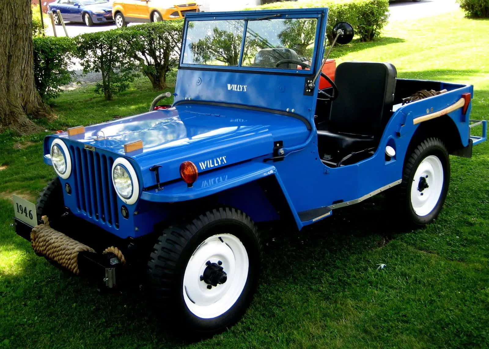 Jeep Willys 桌布 壁紙 — 一輛充滿活力的藍色1946年Willys Jeep，白色車輪，停放在陽光明媚的綠色草坪上，周圍環繞著樹木和灌木。