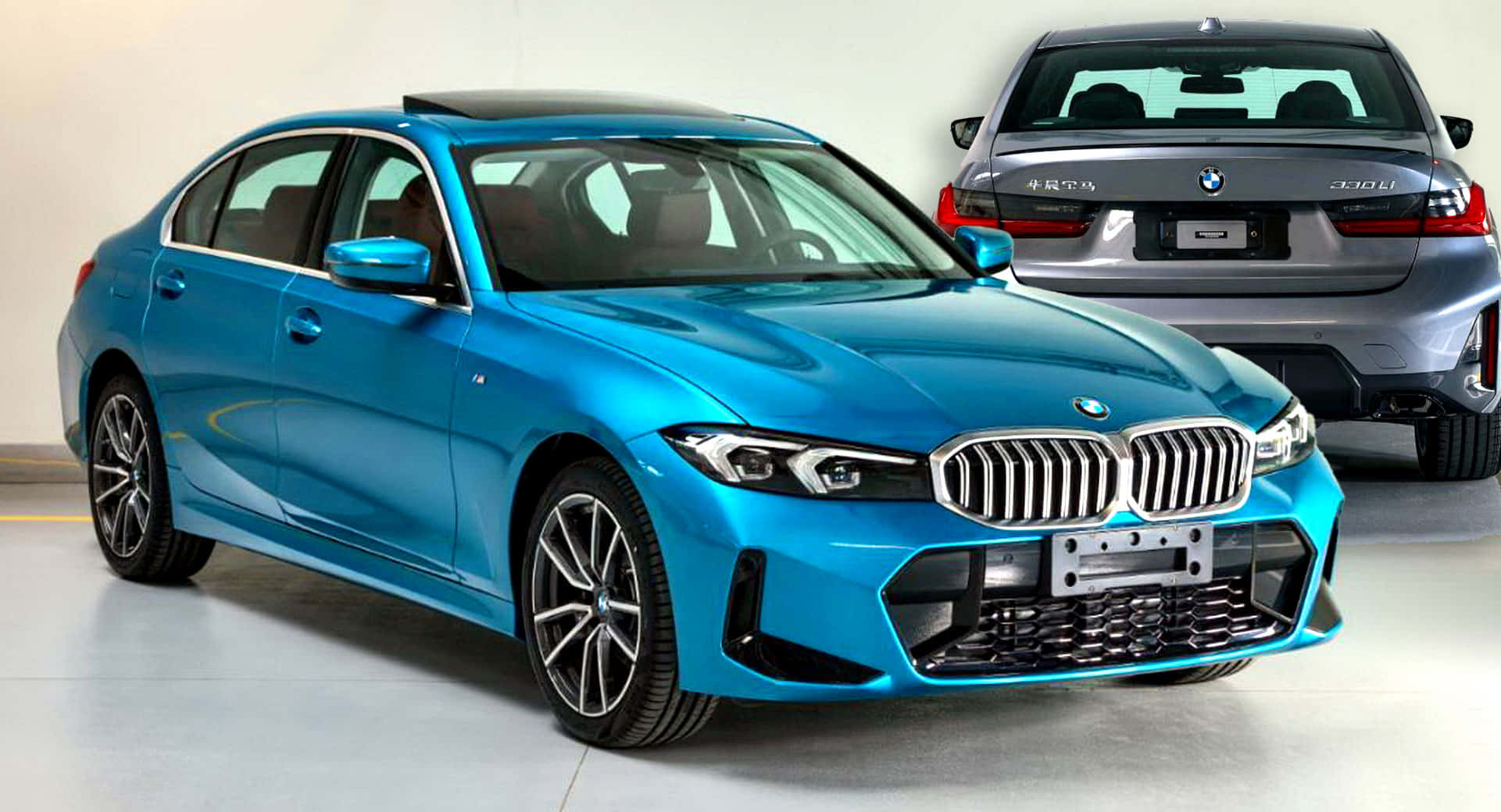 Bmw 3 Series 桌布 壁紙 — 一輛充滿活力的藍色BMW 3系轎車在簡約的展廳中，在攝影棚燈光下與銀色車型並排閃耀。