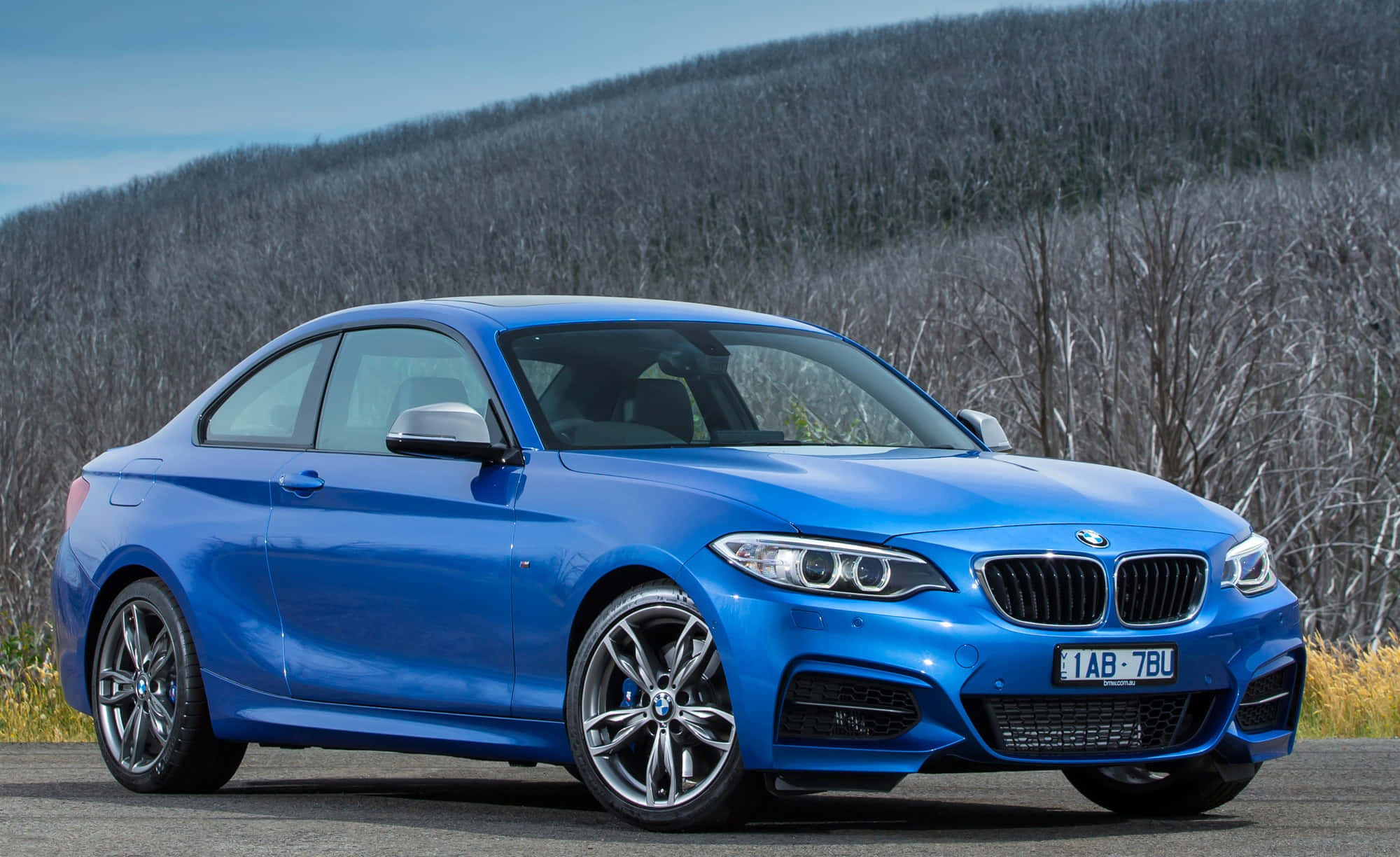 Bmw 2 Series 桌布 壁紙 — 一輛充滿活力的藍色BMW雙門轎跑車在日光下閃閃發光，背景是白雪覆蓋的山丘和光禿禿的樹木。