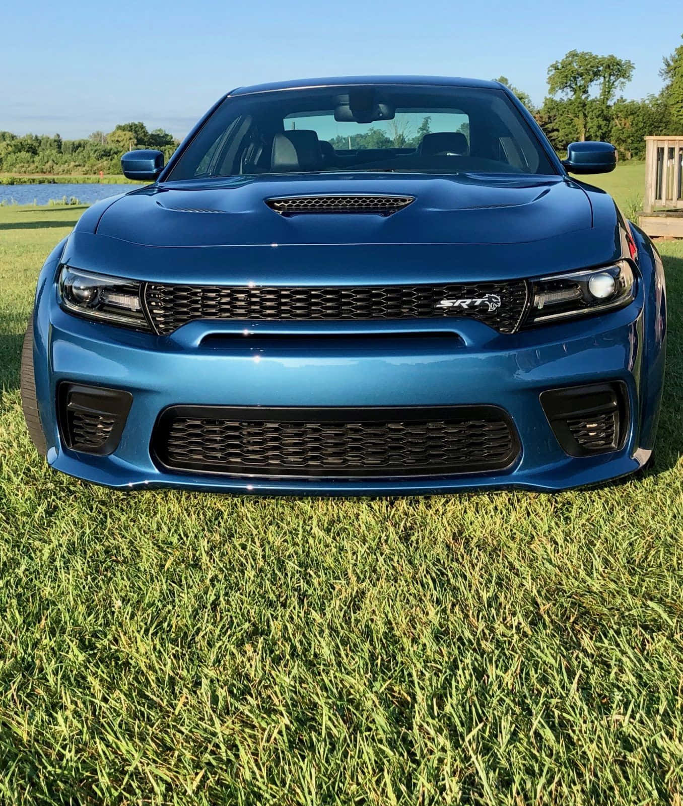 Family Car 桌布 壁紙 — 一輛充滿活力的藍色Dodge Charger SRT停放在茂盛的綠色草地上，背景是寧靜的湖泊和樹木，天空清澈湛藍。