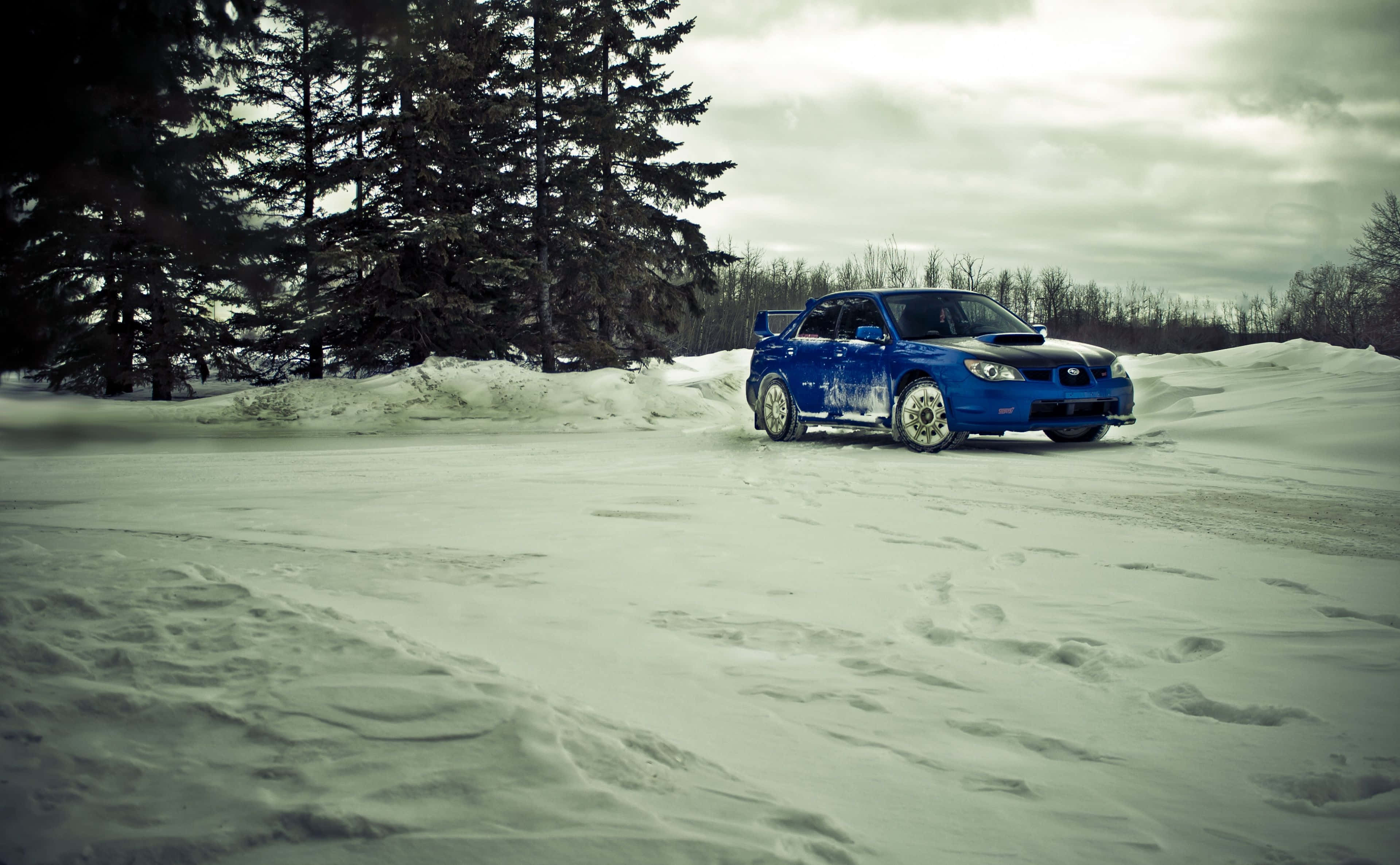 Ice Racing 桌布 壁紙 — 一輛充滿活力的藍色拉力賽車在結冰的賽道上揚起雪花，周圍是深色常綠樹木，天空多雲的冬季。