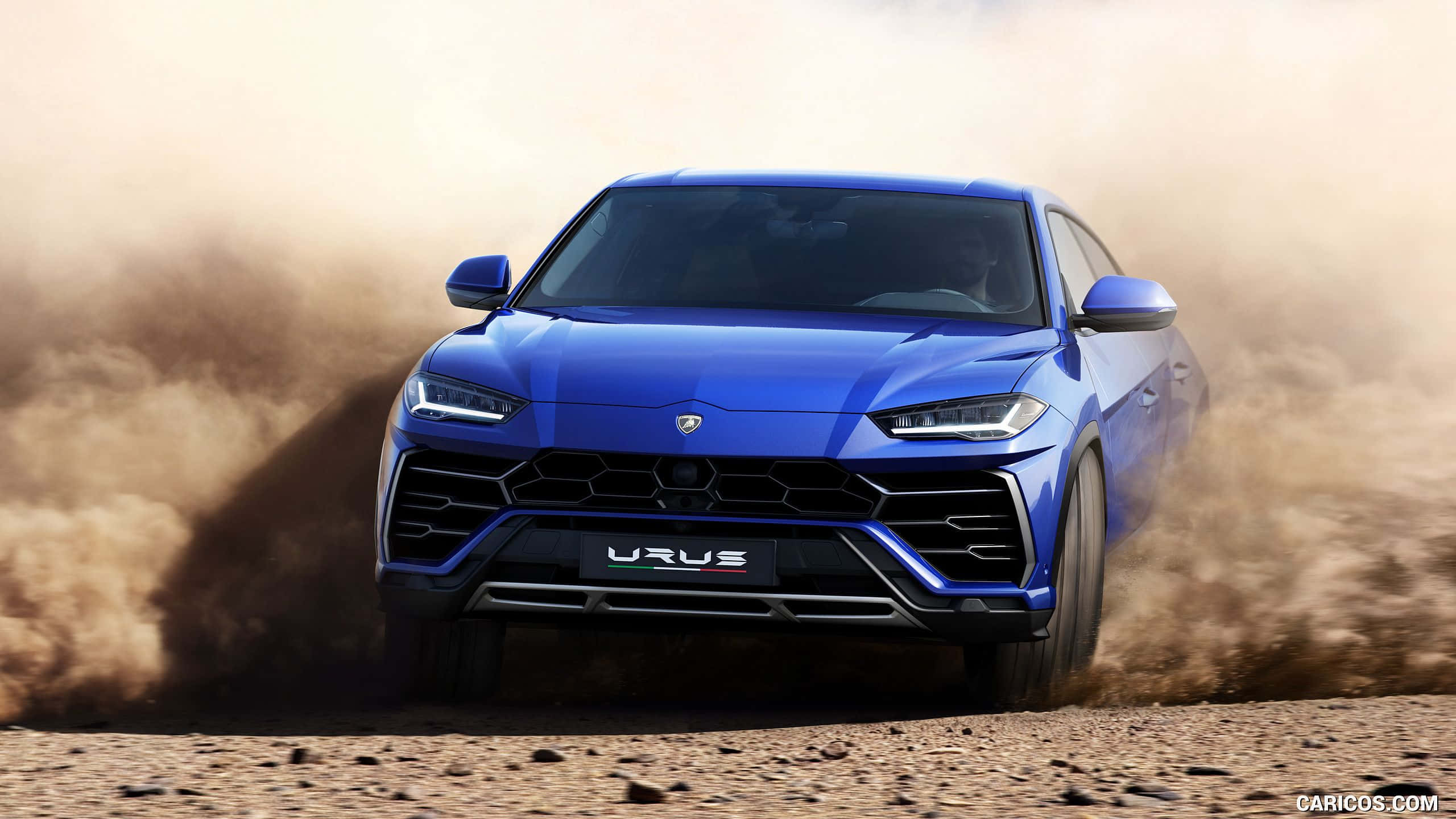 Lamborghini Urus 桌布 壁紙 — 一輛充滿活力的藍色林寶堅尼 Urus SUV 在崎嶇的沙漠地形上向前衝刺，揚起塵土。