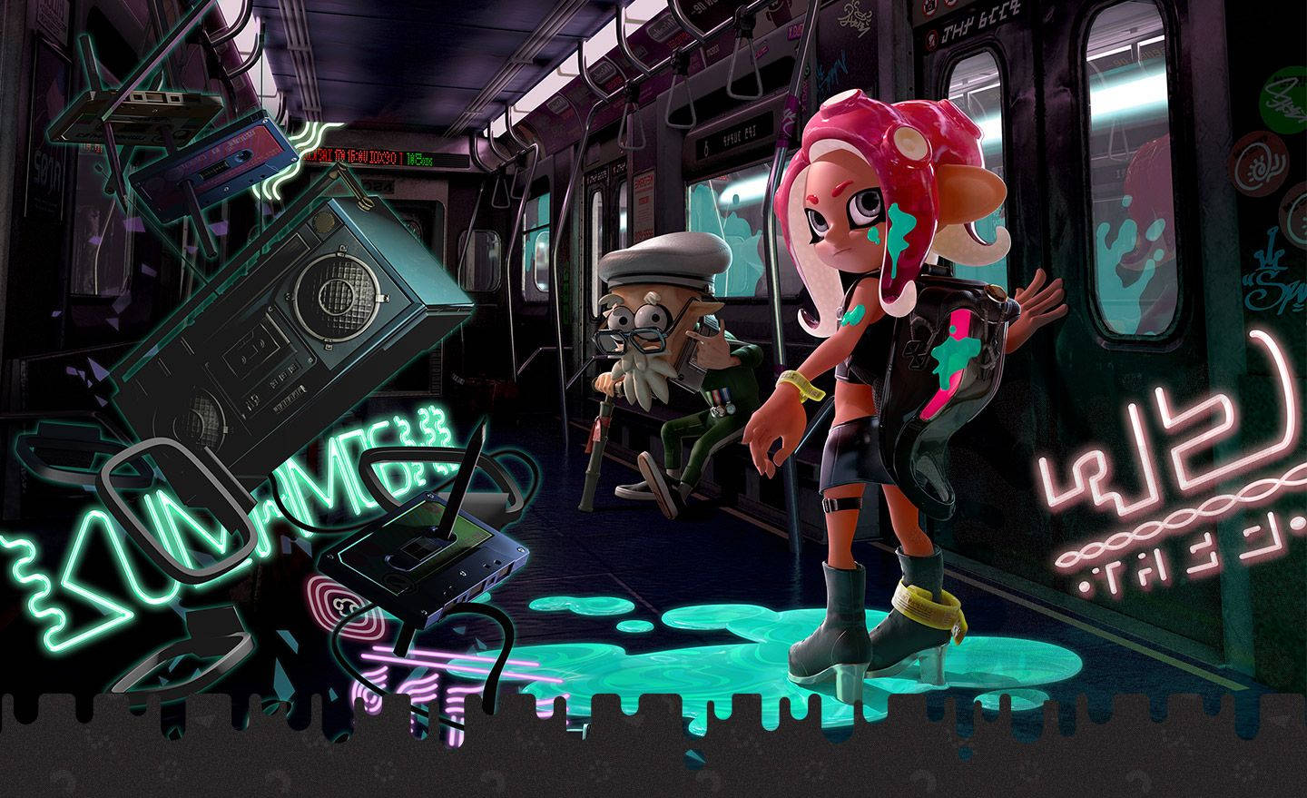 Splatoon 2 Octo Expansion Agent 8 壁紙 — 一輛充滿活力的霓虹燈地鐵車廂，內有兩個風格化的角色，周圍環繞著發光的塗鴉和漂浮的科技小工具。