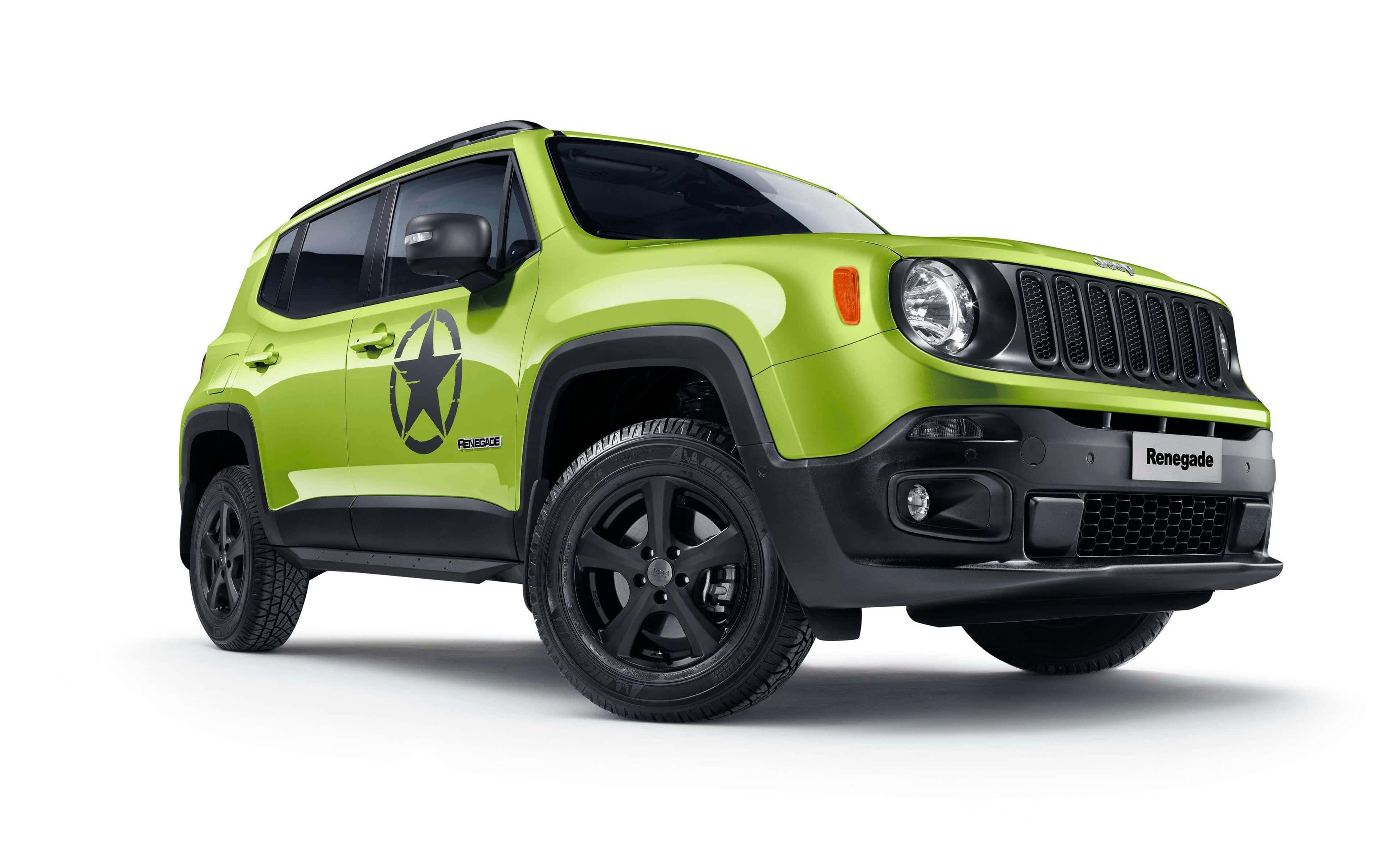 Jeep Renegade 桌布 壁紙 — 一輛充滿活力的青檸綠色Jeep Renegade，帶有黑色飾邊和星星貼紙，在潔白的攝影棚背景下醒目地展現。