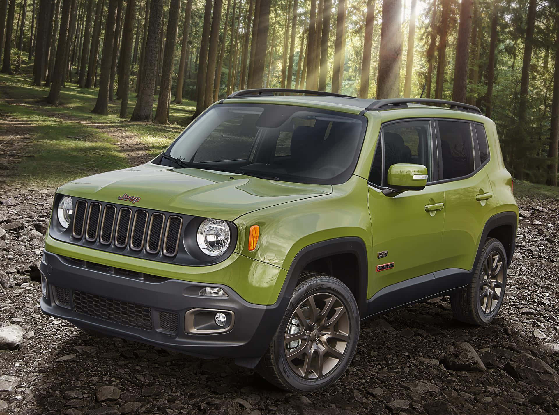 Jeep Renegade 桌布 壁紙 — 一輛充滿活力的青檸綠色Jeep Renegade停在岩石森林小徑上，金色陽光穿過高聳的樹木灑落。