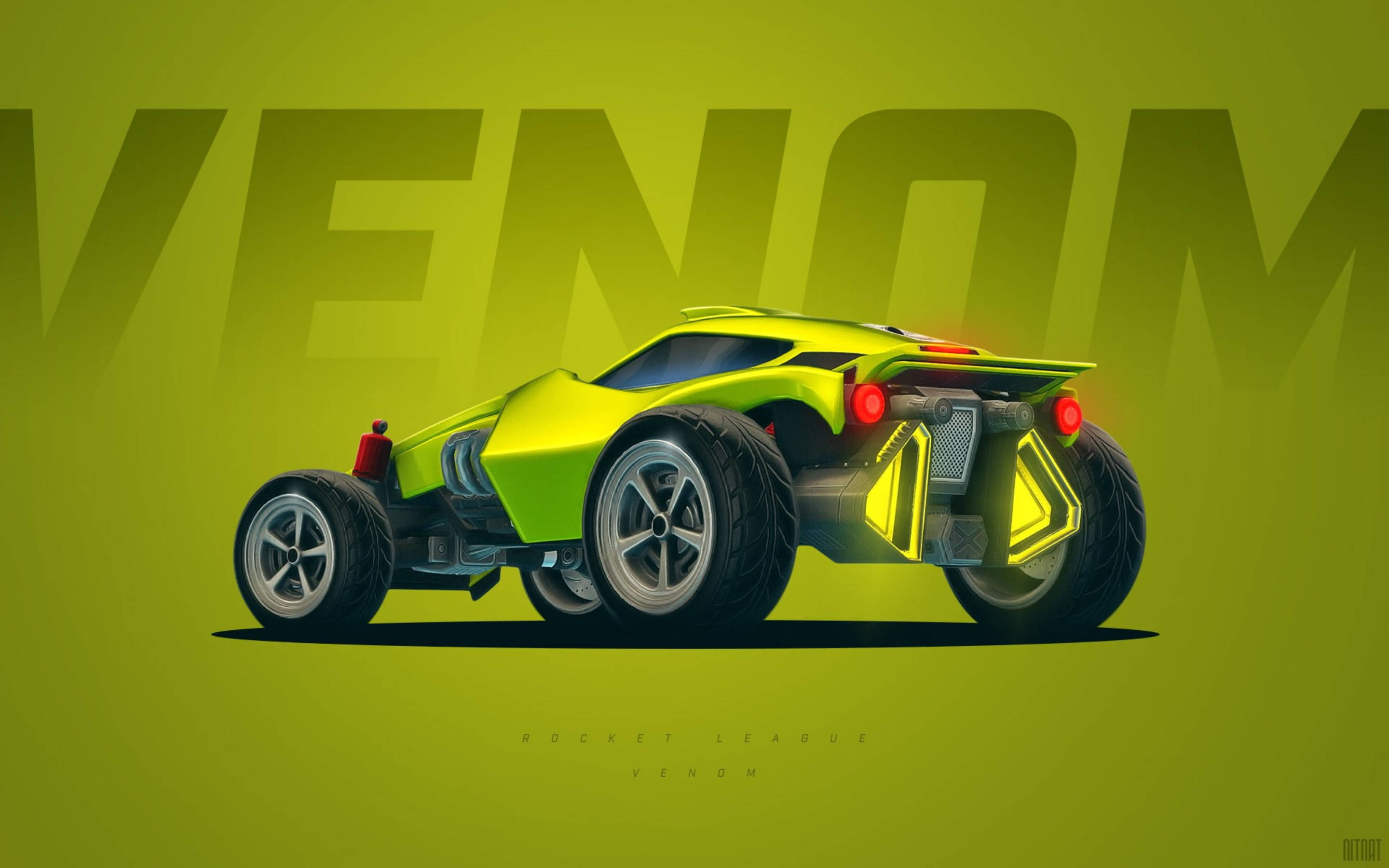 遊戲 桌布 壁紙 — 一輛充滿活力的青檸綠色Rocket League Venom賽車，帶有發光的紅色尾燈和粗體「VENOM」文字，背景為純綠色。