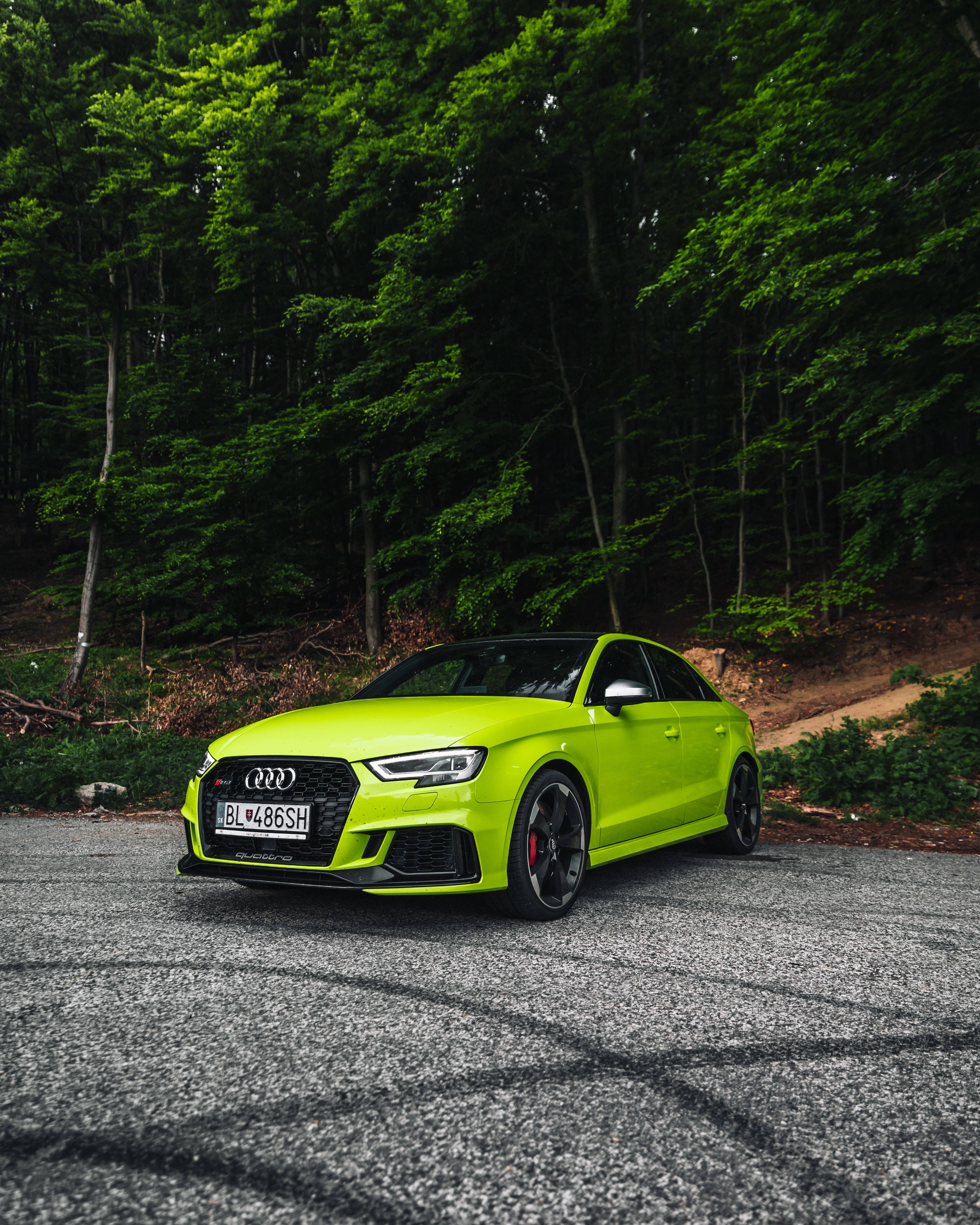 Sports Car 桌布 壁紙 — 一輛充滿活力的青檸綠色奧迪RS3 Sportback停泊在被茂密綠色森林包圍的碎石路上。