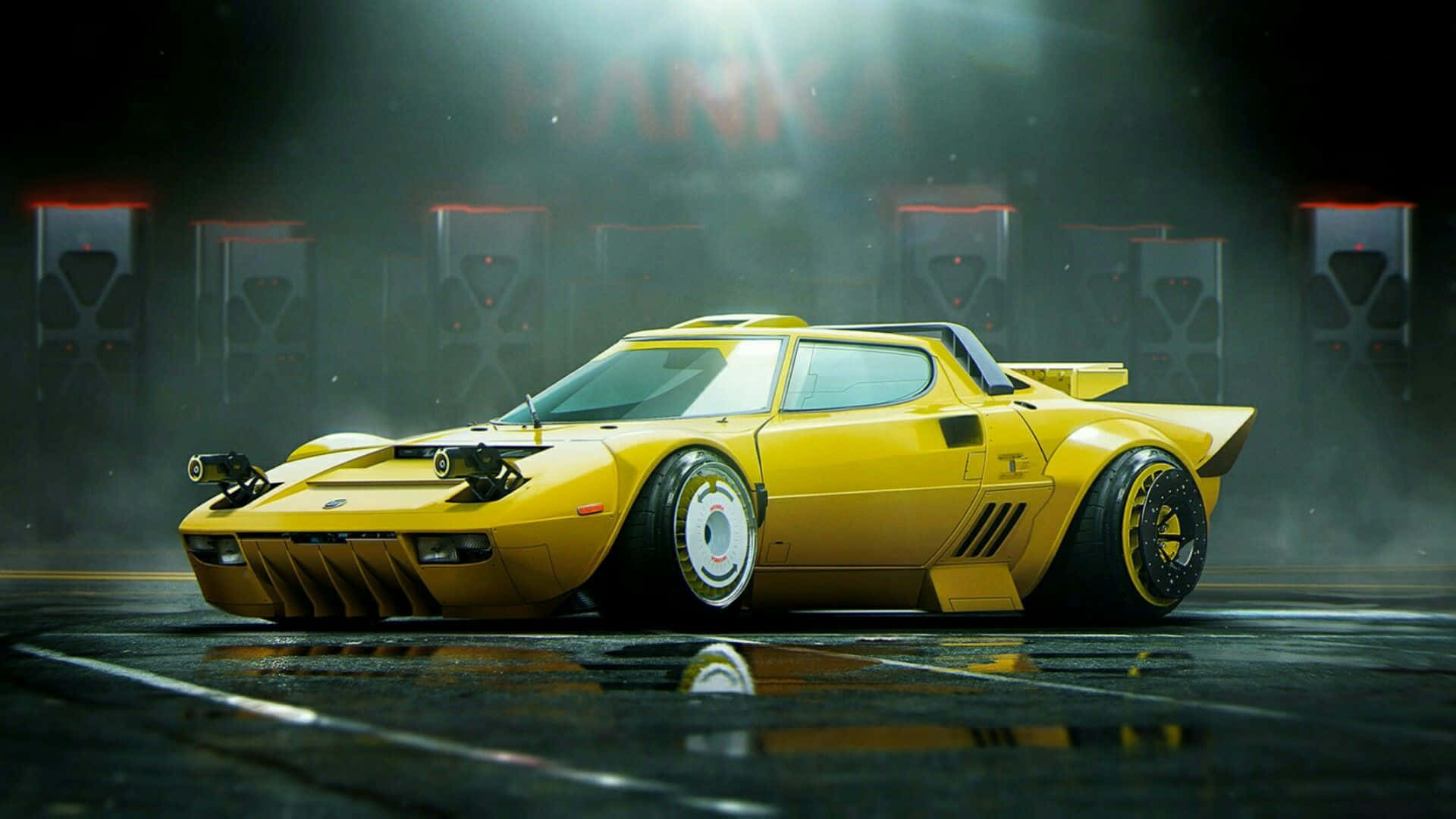 Lancia 桌布 壁紙 — 一輛充滿活力的黃色未來主義跑車在戲劇性的聚光燈下，在濕潤反光的舞台上閃閃發光，背景是發光的紅色面板。