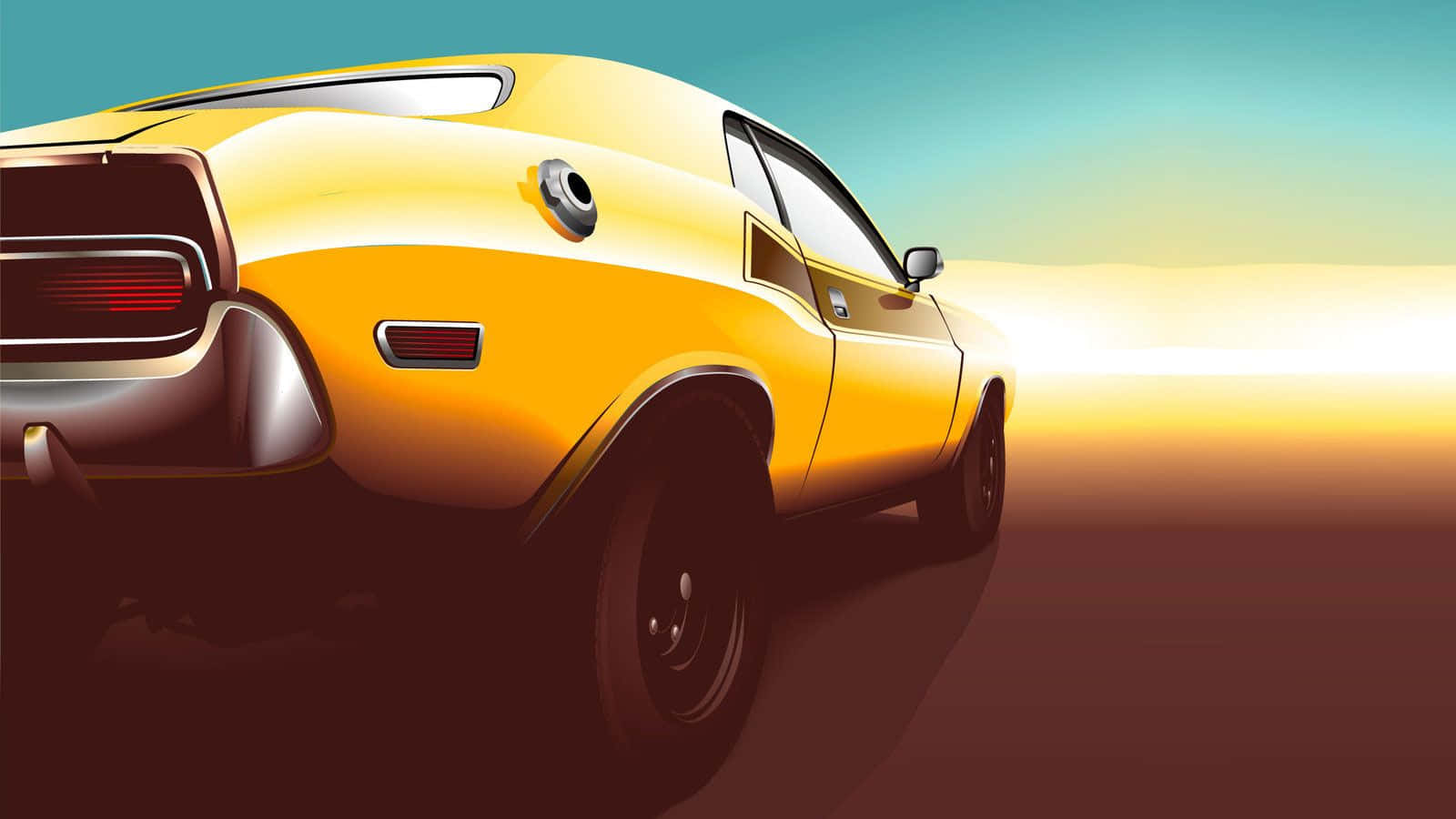 Car Design 桌布 壁紙 — 一輛充滿活力的黃色經典肌肉車在漸變夕陽天空下穿越沙漠。