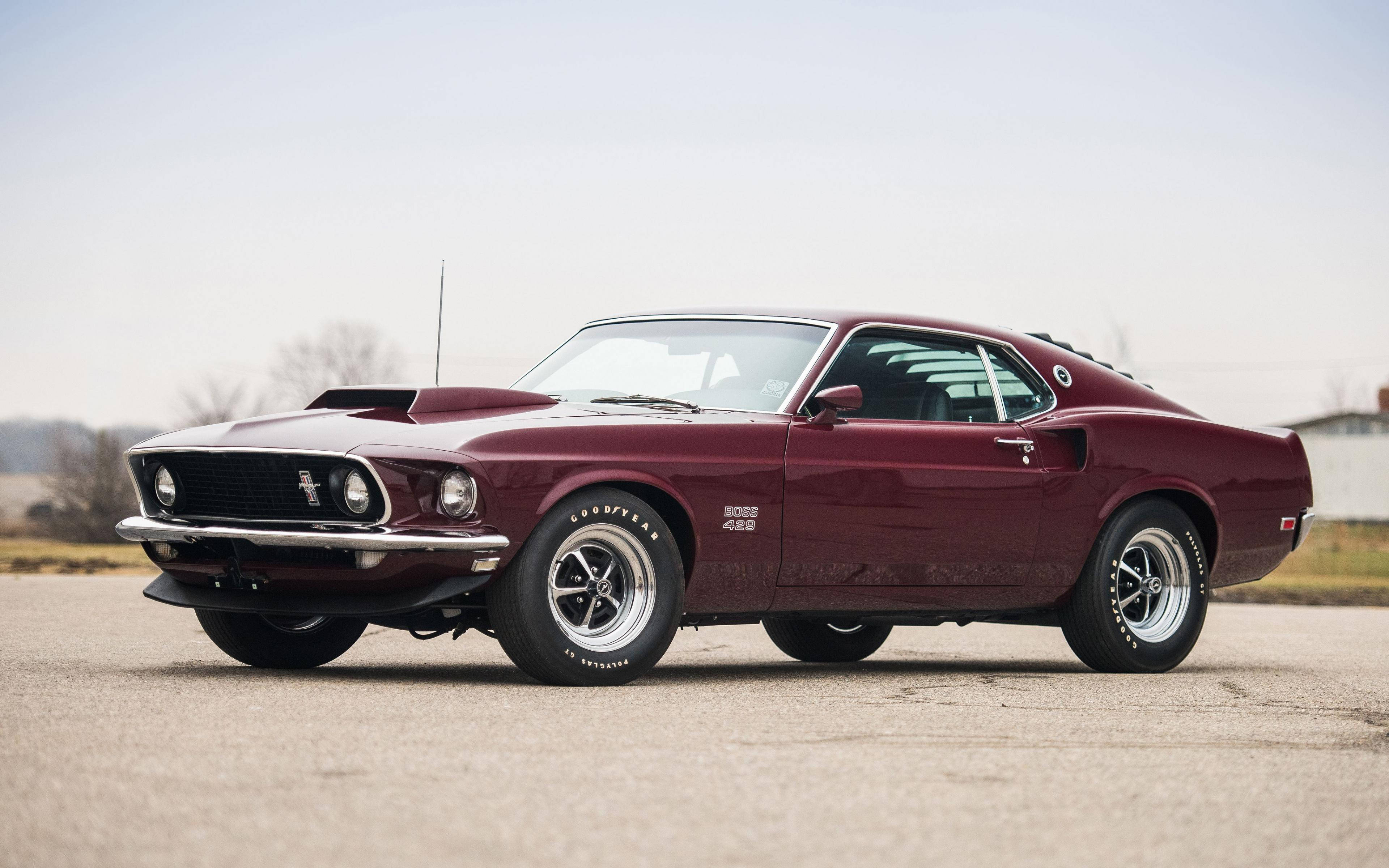 mustang HD 桌布 壁紙 — 一輛光澤的栗色1969年福特野馬Boss 429停在開闊的瀝青場地上，天空蒼白。