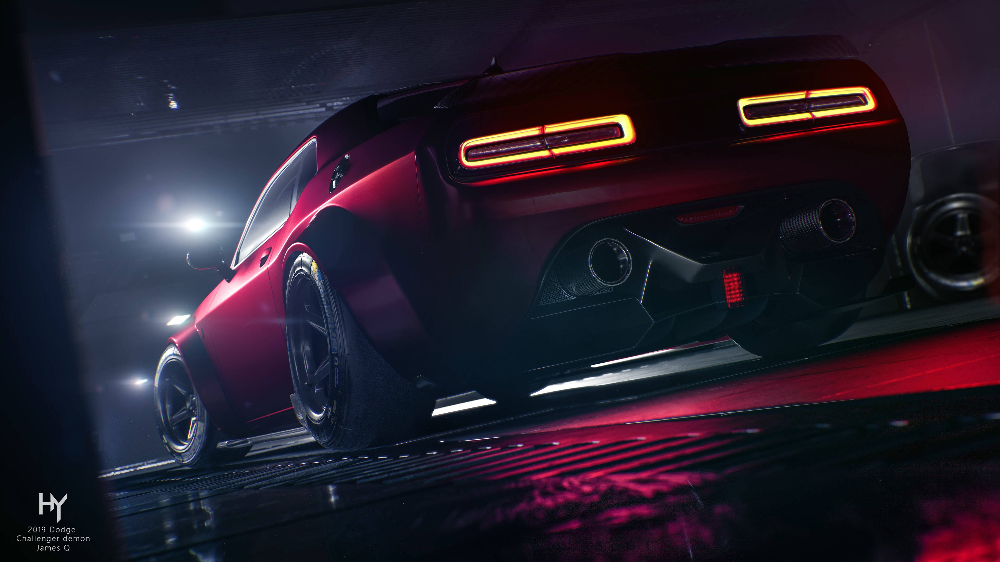 Dodge 桌布 壁紙 — 一輛光澤的紅色2019年Dodge Challenger Demon在戲劇性的攝影棚燈光下閃耀，尾燈發光，地板反射。