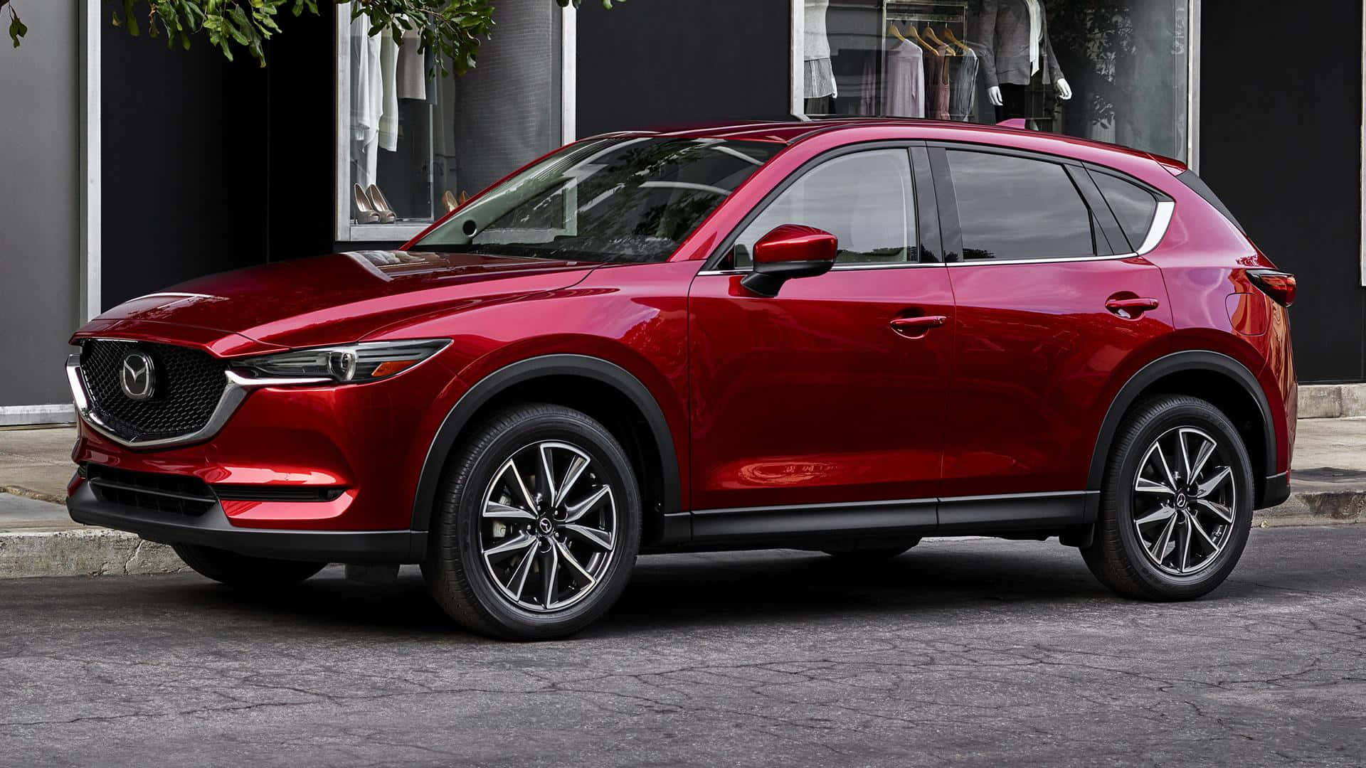 Mazda Cx-5 桌布 壁紙 — 一輛光澤的紅色Mazda CX-5 SUV停泊在城市街道上，旁邊是一間有玻璃窗的現代時裝店。