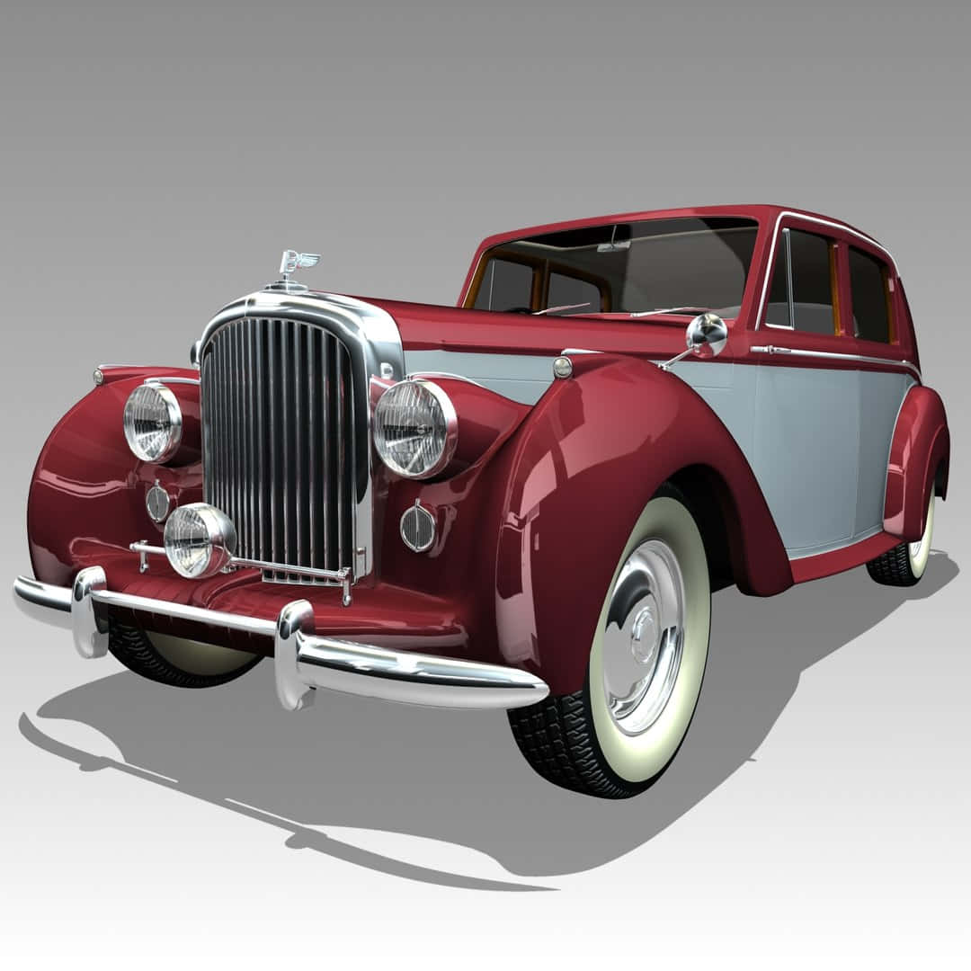 Bentley Mark Vi 桌布 壁紙 — 一輛光澤的紅色和銀色復古轎車，帶有鍍鉻裝飾和白色側壁輪胎，在灰色中性攝影棚背景下矗立。