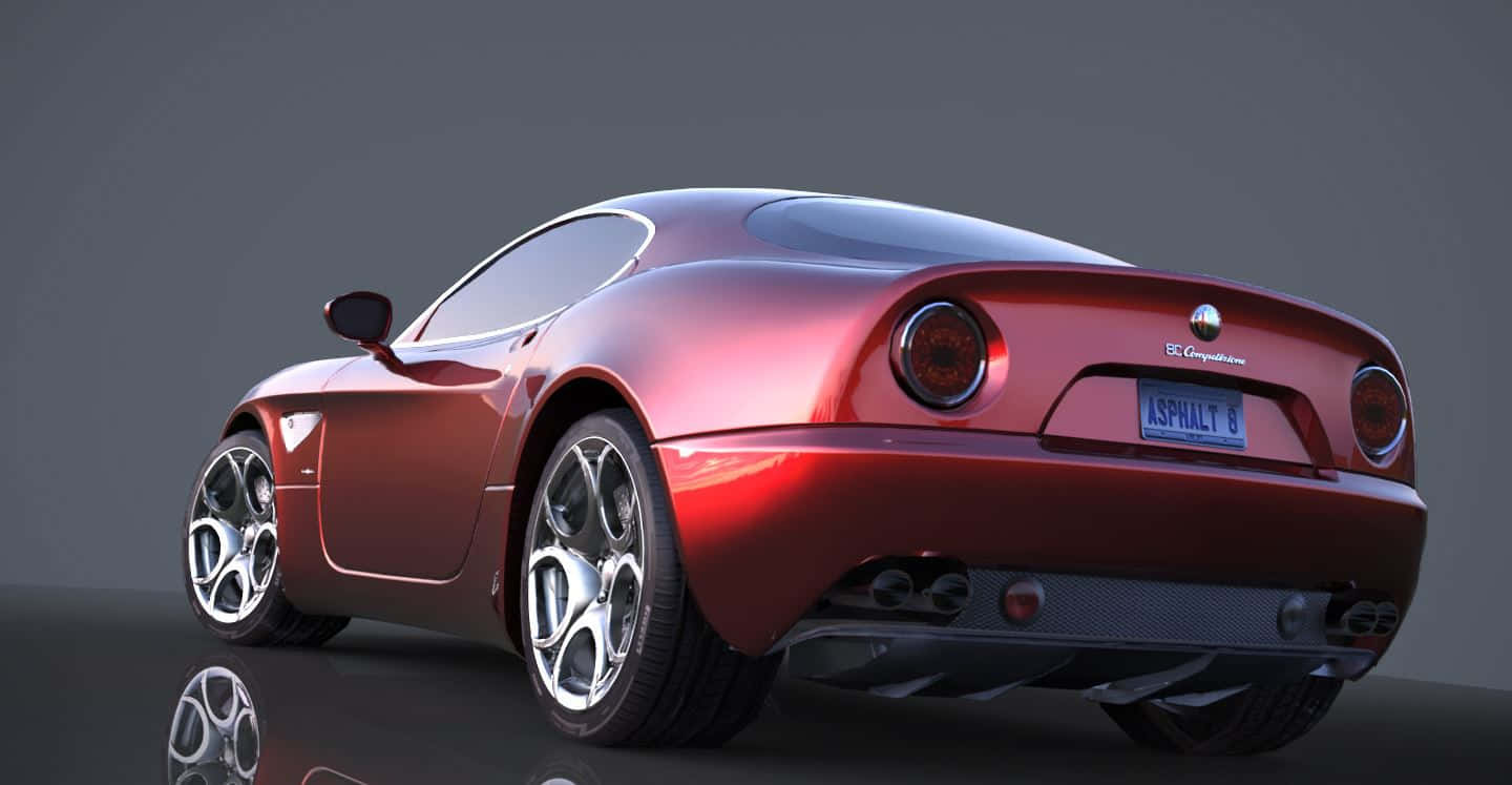 Alfa Romeo 8c Competizione 桌布 壁紙 — 一輛光澤的紅色愛快羅密歐跑車，配備定制輪圈和「ASPHALT 8」車牌，在工作室燈光下展示。