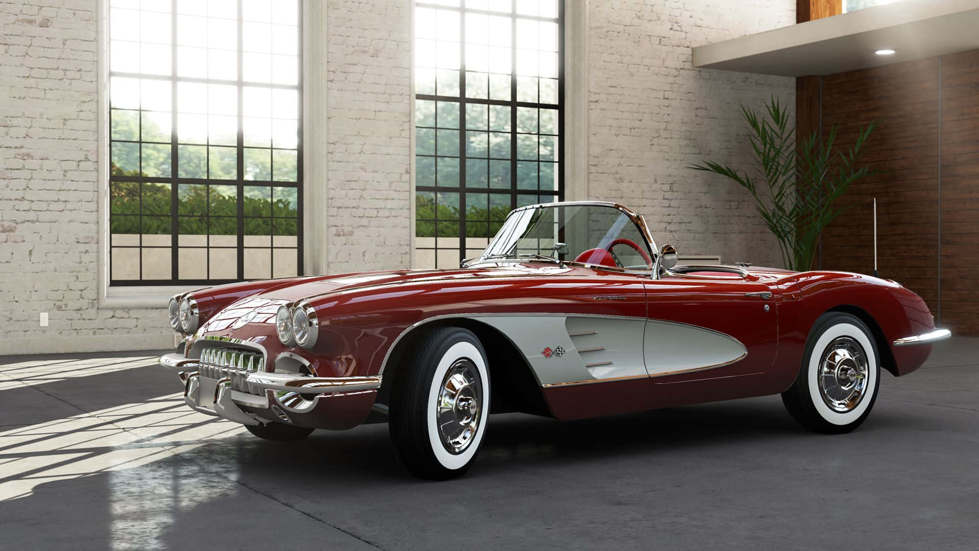 classic 桌布 壁紙 — 一輛光澤的紅色經典開篷跑車，配備白色輪胎，停放在一個明亮、設有大窗戶的工業風格車庫內。
