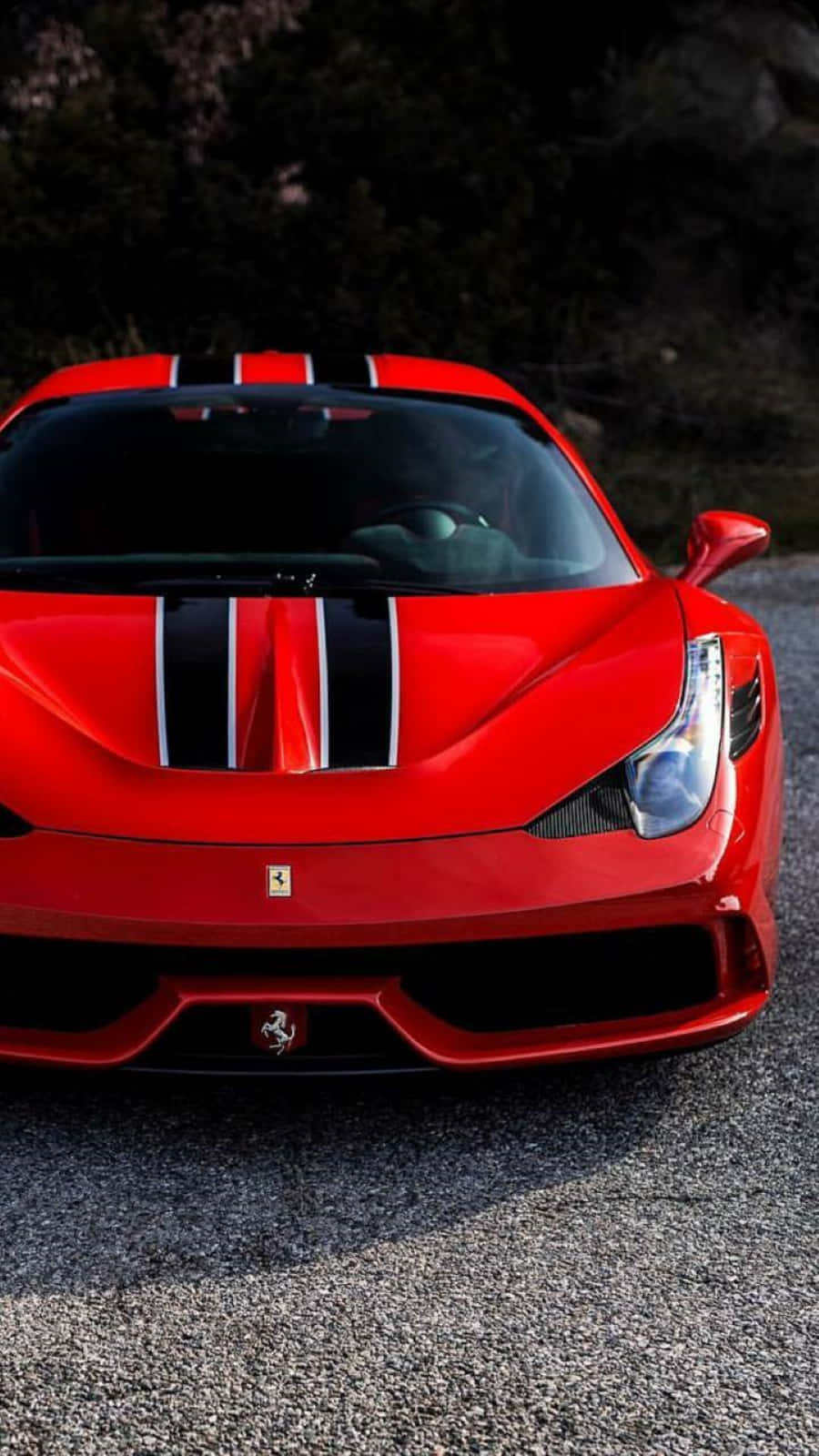 Ferrari 458 Speciale 桌布 壁紙 — 一輛光澤紅色法拉利跑車，帶有黑色和白色條紋，停在碎石上，後面有深色樹葉。