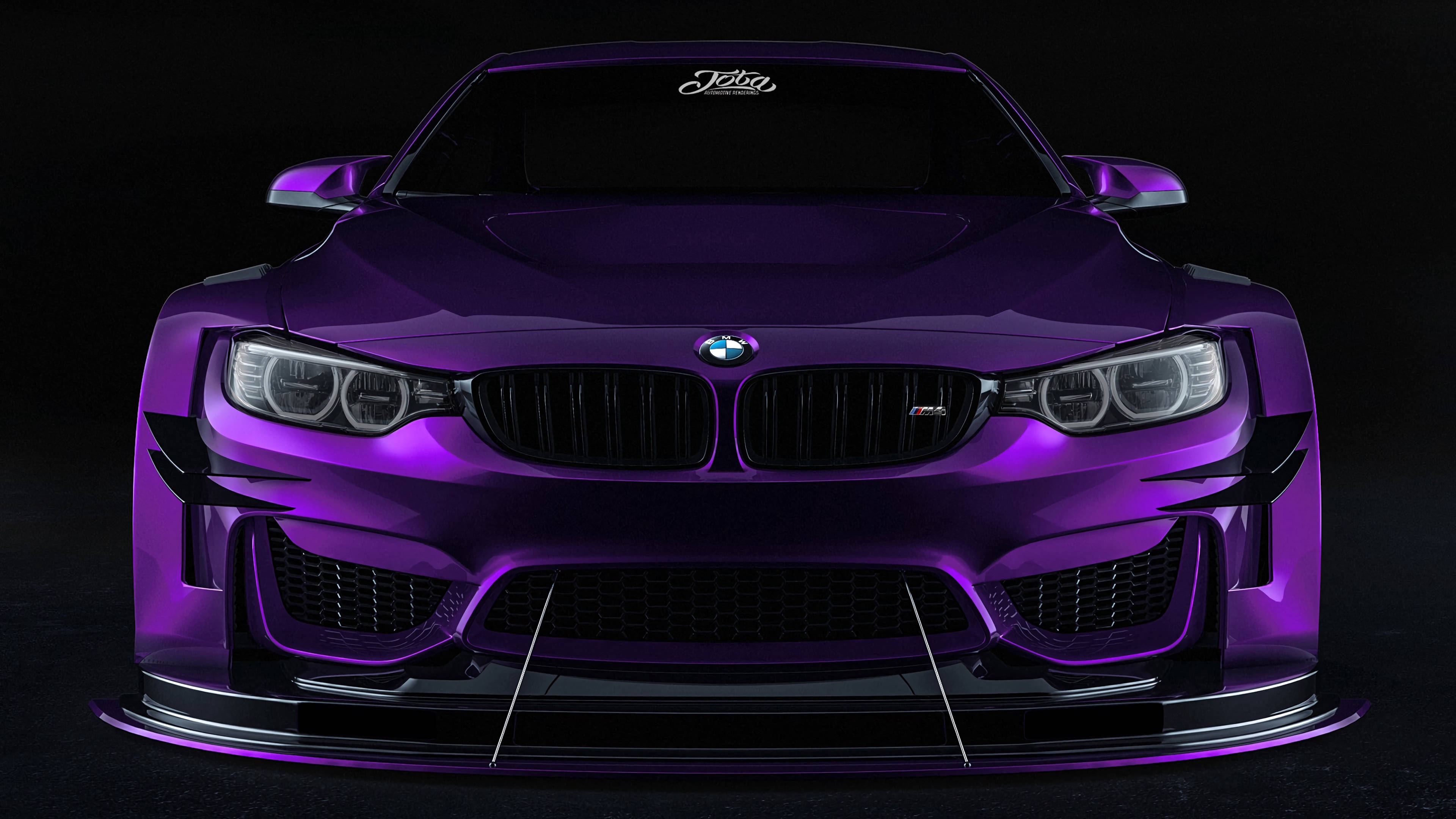 Violet 桌布 壁紙 — 一輛光澤紫色BMW M4，配備激進的空氣動力學車身套件和發光的頭燈，背景為黑色。