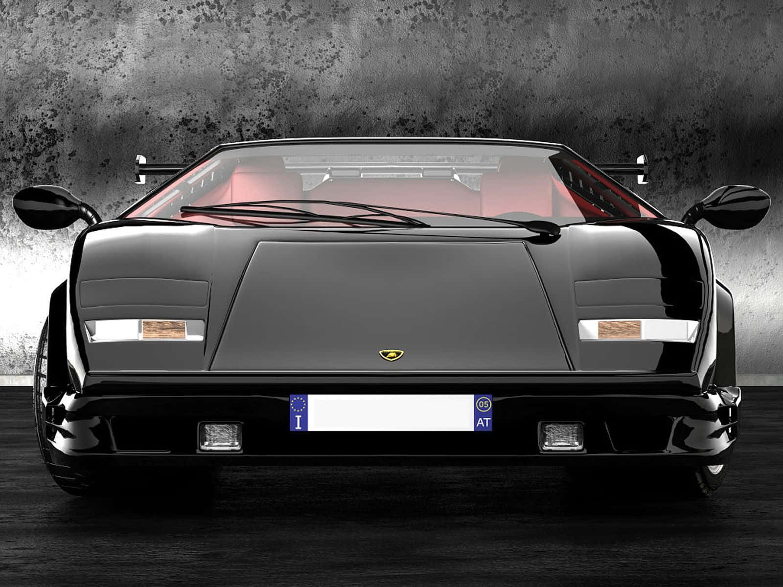 Lamborghini Countach 桌布 壁紙 — 一輛光面黑色林寶堅尼Countach，紅色內飾，以紋理灰色牆壁為背景的正面視圖。