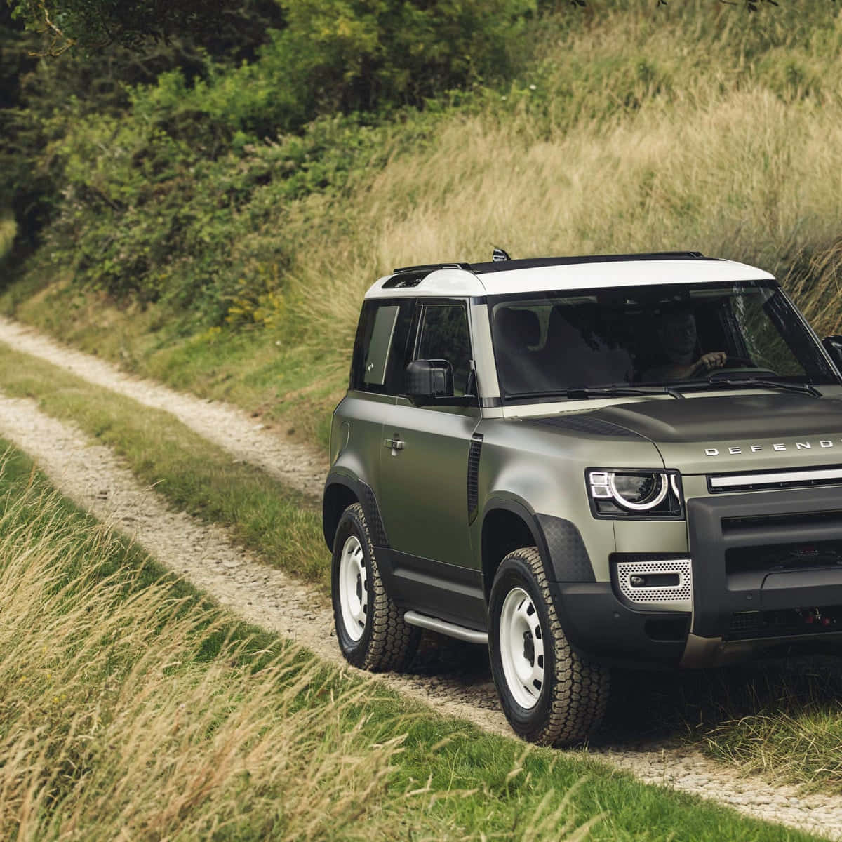 Land Rover Defender 桌布 壁紙 — 一輛啞光橄欖綠色的Land Rover Defender沿著碎石路行駛，穿過高高的草叢和茂密的綠色森林。