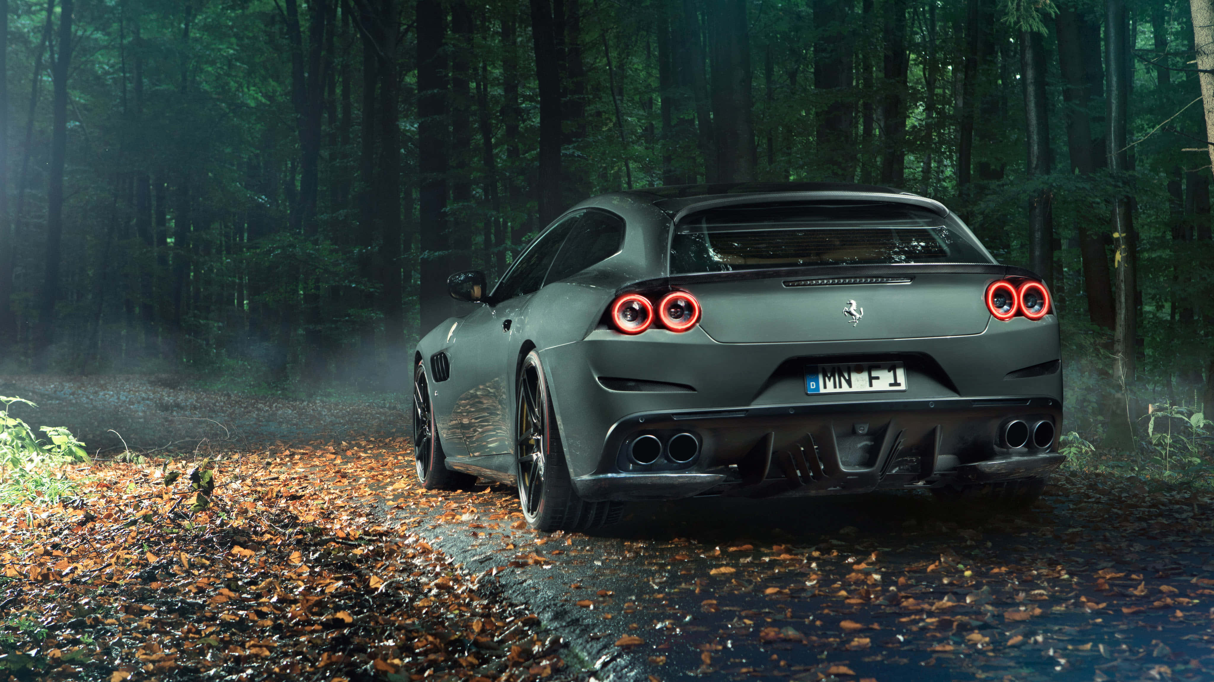 Ferrari Gtc4lusso 桌布 壁紙 — 一輛啞光灰色的法拉利穿過霧氣瀰漫的森林，紅色尾燈閃爍，落葉飄零。