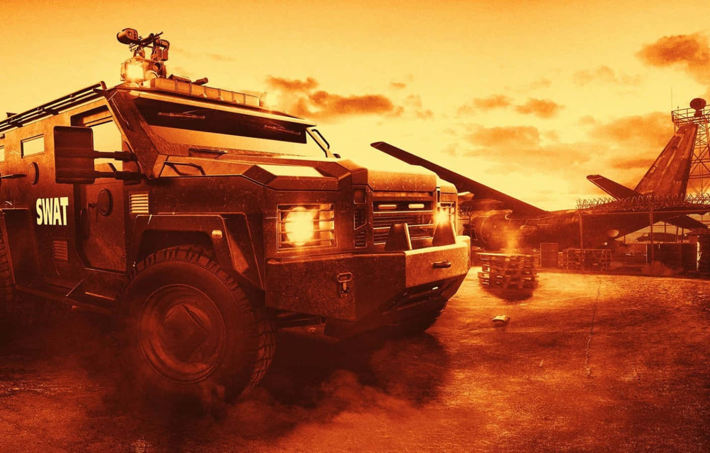 Battlefield Vehicles 桌布 壁紙 — 一輛堅固的SWAT裝甲車在日落時分主宰著塵土飛揚的機場，背景中有一架戰鬥機。