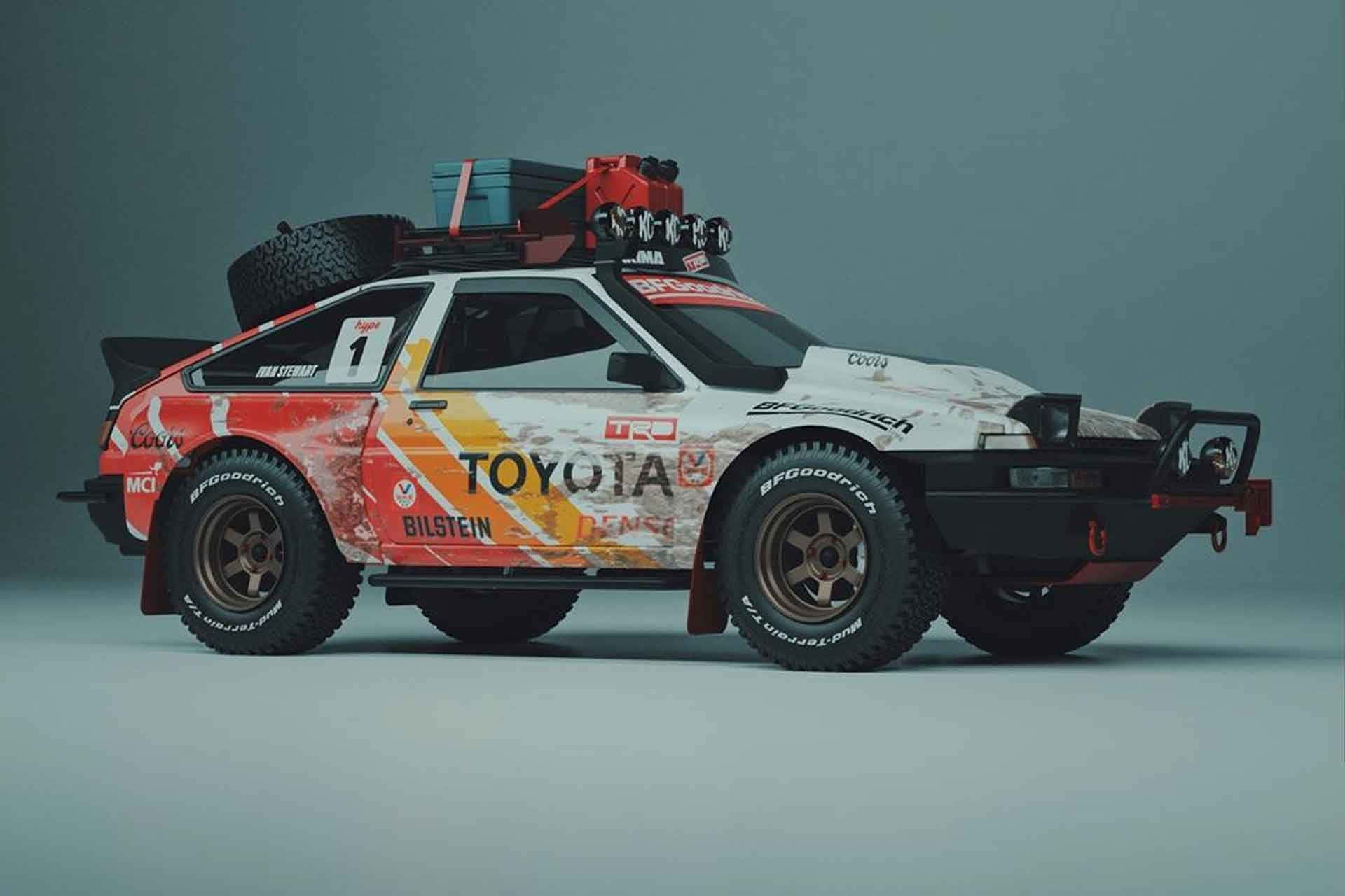 Off-road Car 桌布 壁紙 — 一輛堅固的豐田拉力賽車，採用橙色和白色塗裝，在柔和的灰色背景下準備進行越野冒險。