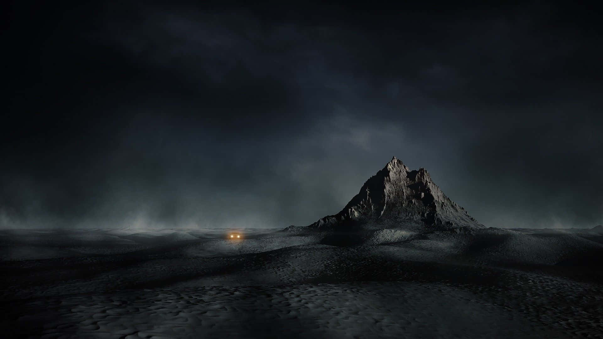 Dark Landscape 桌布 壁紙 — 一輛孤獨發光的車輛穿越荒涼龜裂的荒地，背景是暴風雨夜空下遠處鋸齒狀的山脈。