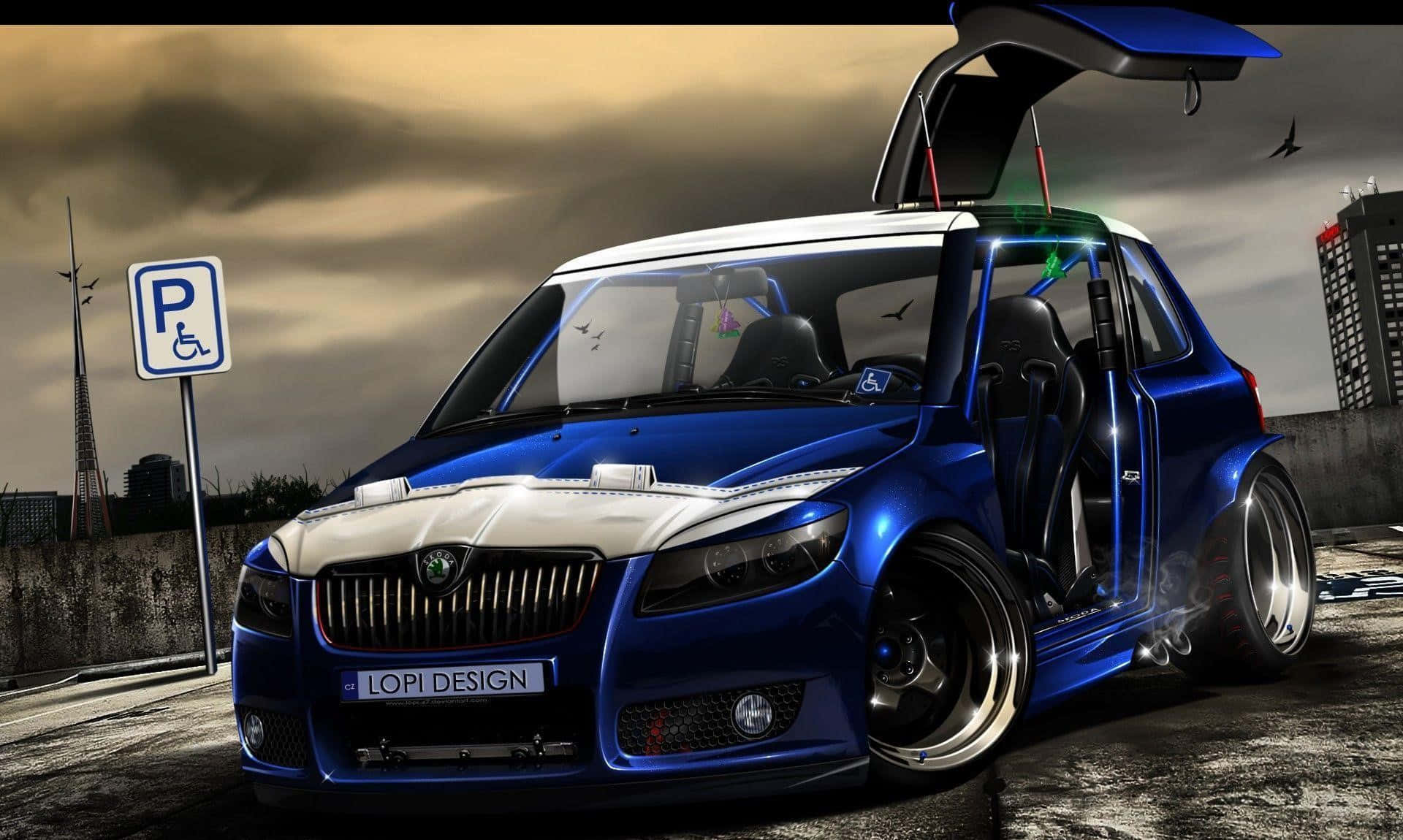 Tuned Car 桌布 壁紙 — 一輛定製的藍白相間跑車，車門敞開，帶有發光裝飾，停放在風暴天空下粗糙的城市街道上。