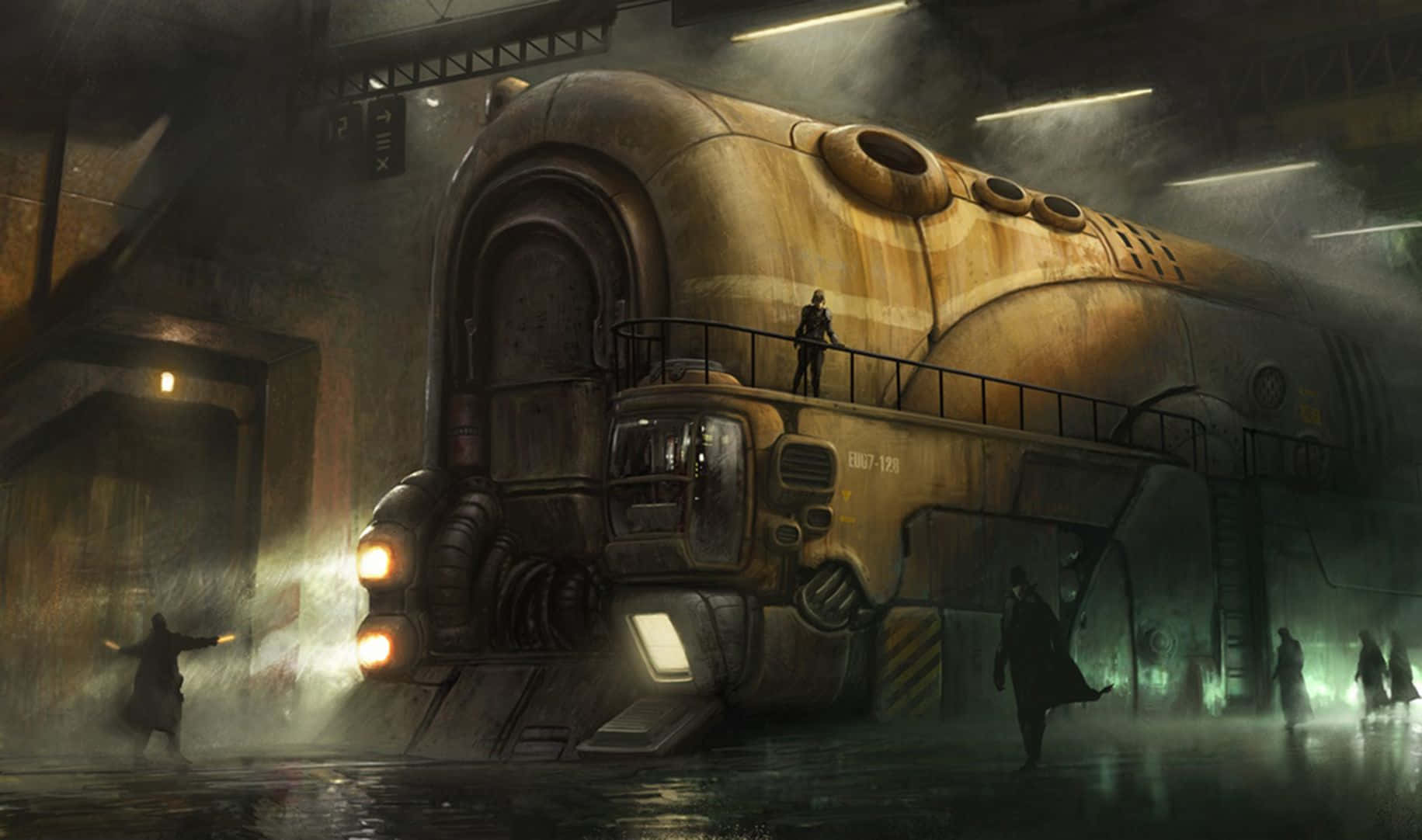 Dark Steampunk 桌布 壁紙 — 一輛巨大生鏽的蒸汽火車頭聳立在昏暗的工業機庫中，剪影人物在霧氣瀰漫潮濕的環境中移動。