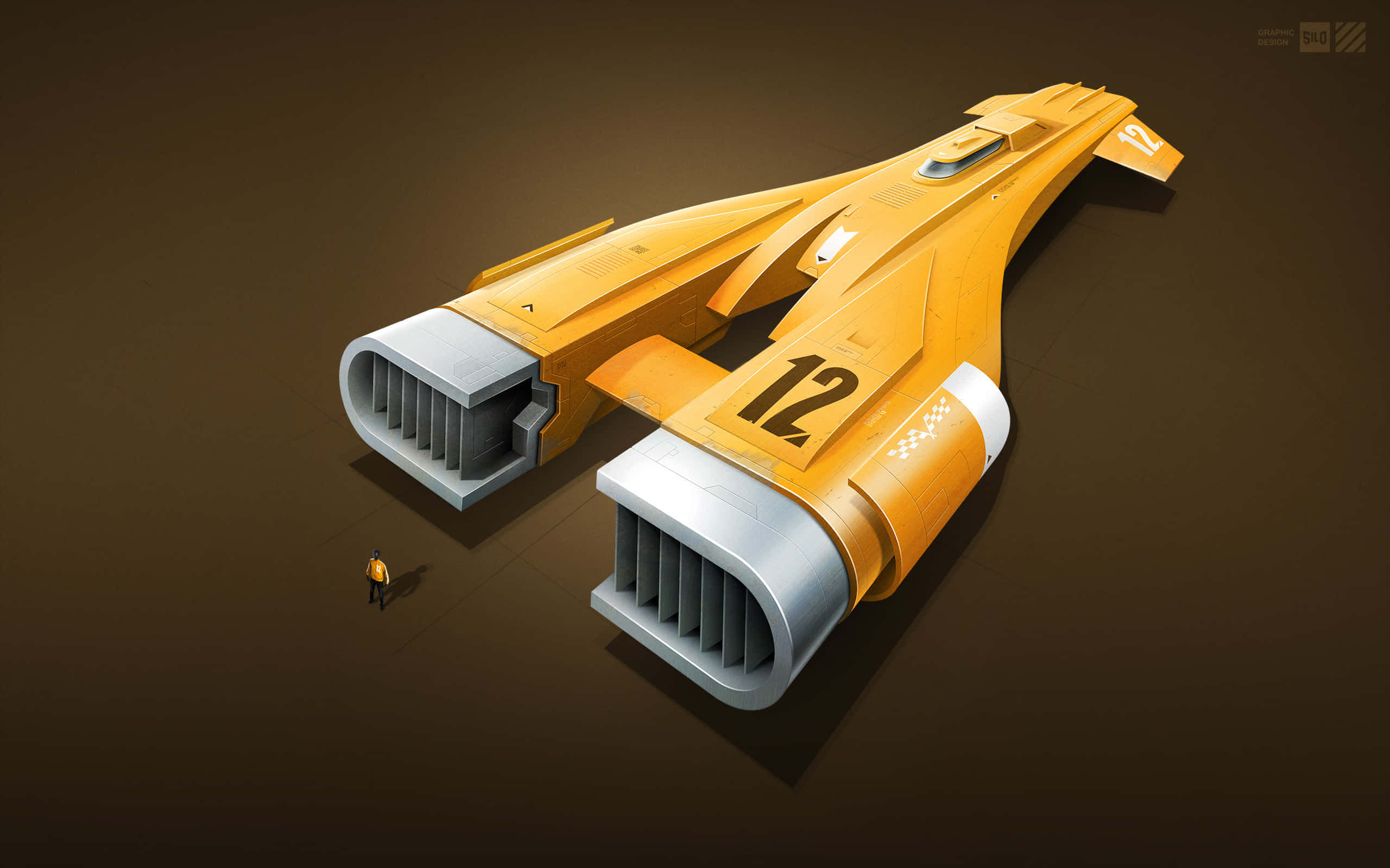 Podracing 桌布 壁紙 — 一輛巨大的黃色未來主義賽車，上面有數字12，在昏暗的攝影棚環境中籠罩著一個小人。