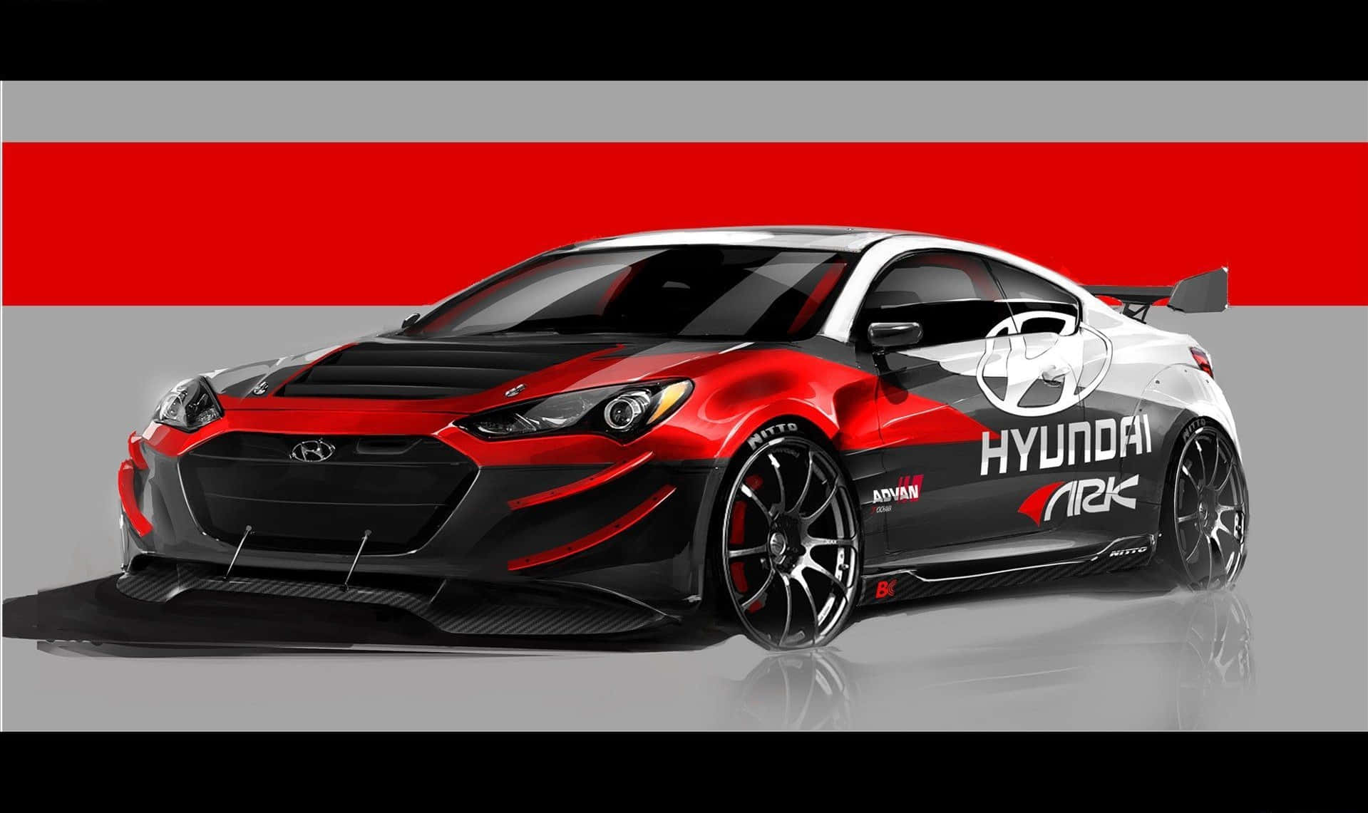 Hyundai Genesis 桌布 壁紙 — 一輛帶有'ARK'品牌的時尚紅黑現代賽車，停在反光表面上，背景是醒目的紅色和灰色。