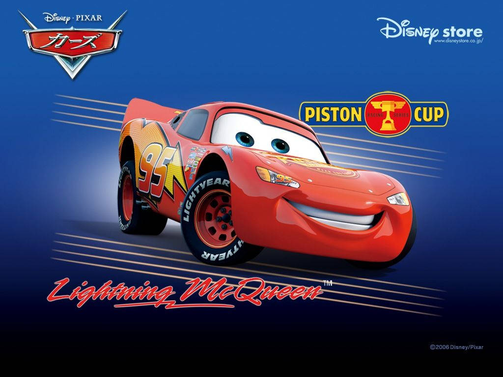 Disney Cars 桌布 壁紙 — 一輛帶有95號的歡樂紅色賽車，在帶有動感線條的動態藍色背景上大膽微笑。