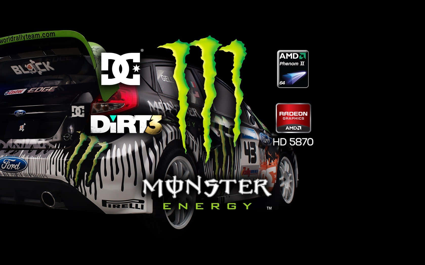 Monster Energy 桌布 壁紙 — 一輛帶有Monster Energy品牌和DC Shoes標誌的黑色拉力賽車出現在Dirt 3的宣傳遊戲壁紙中。
